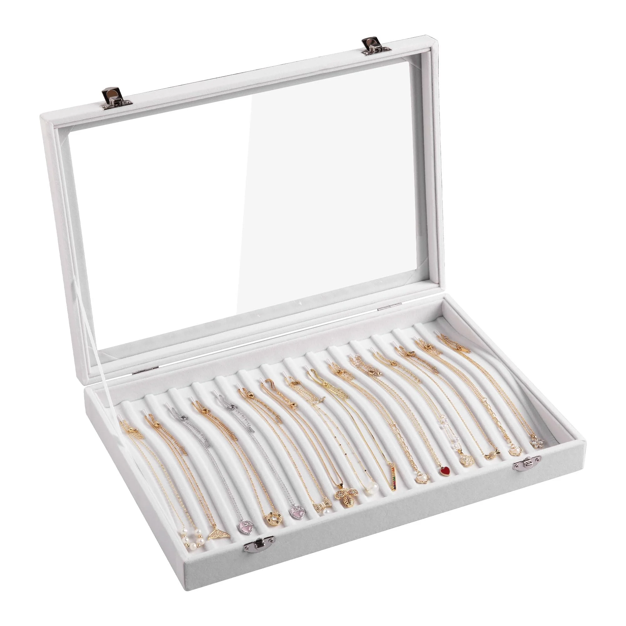 Frebeauty 15 Haken Halskette Tablett Samt Hals Organizer mit klarem Deckel abschließbare Halter Box Schmuck Organizer für Anhänger Ketten Jeweley Tablett für Frauen Mädch (Weiß)