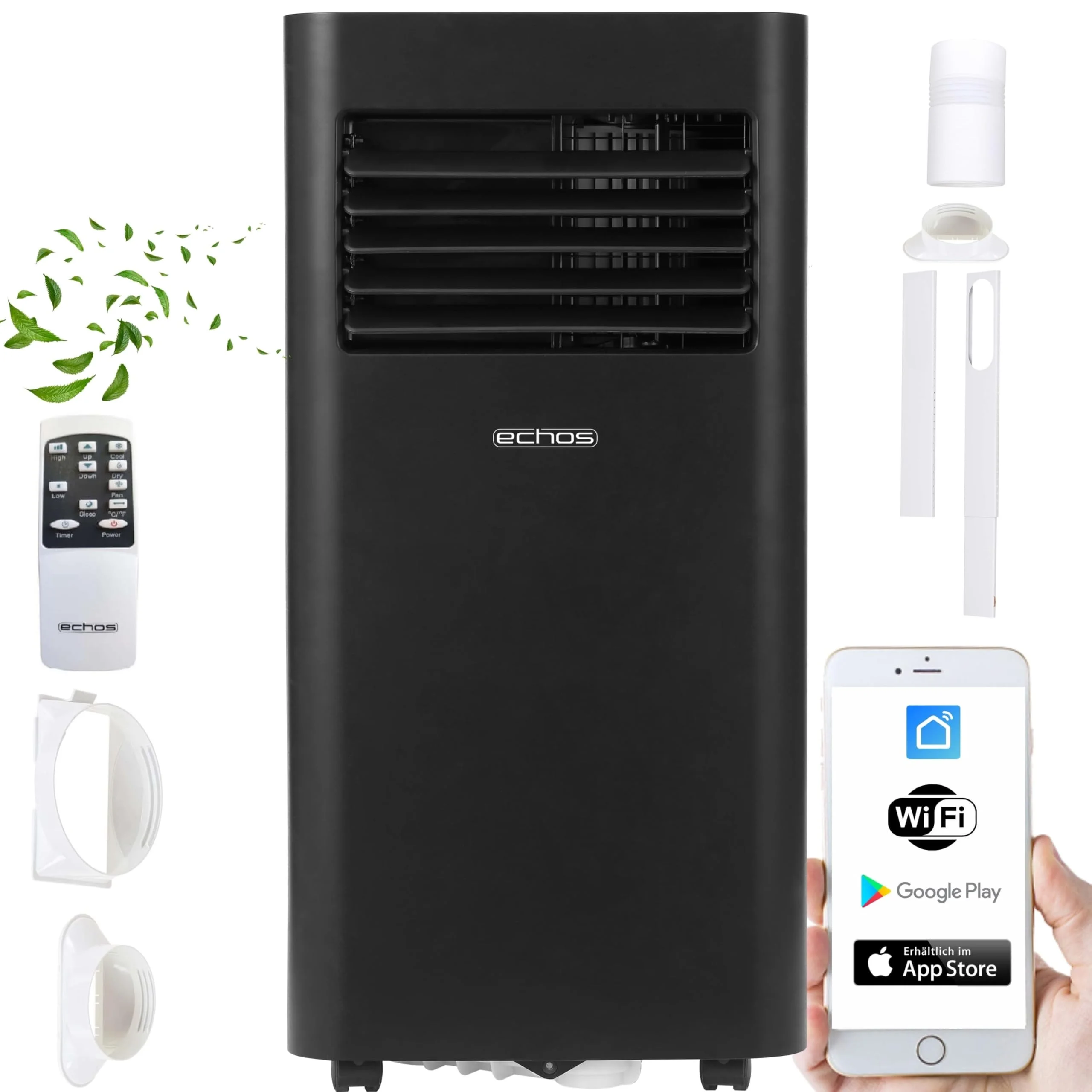 Echos® Klimaanlage mobil mit Abluftschlauch, Wi Fi & Fensterabdichtung – Mobile Klimaanlage 9000 BTU - App/WLAN Steuerung | Fernbedienung & 24 h Timer | Luftkühler, Luftentfeuchter & Ventilator