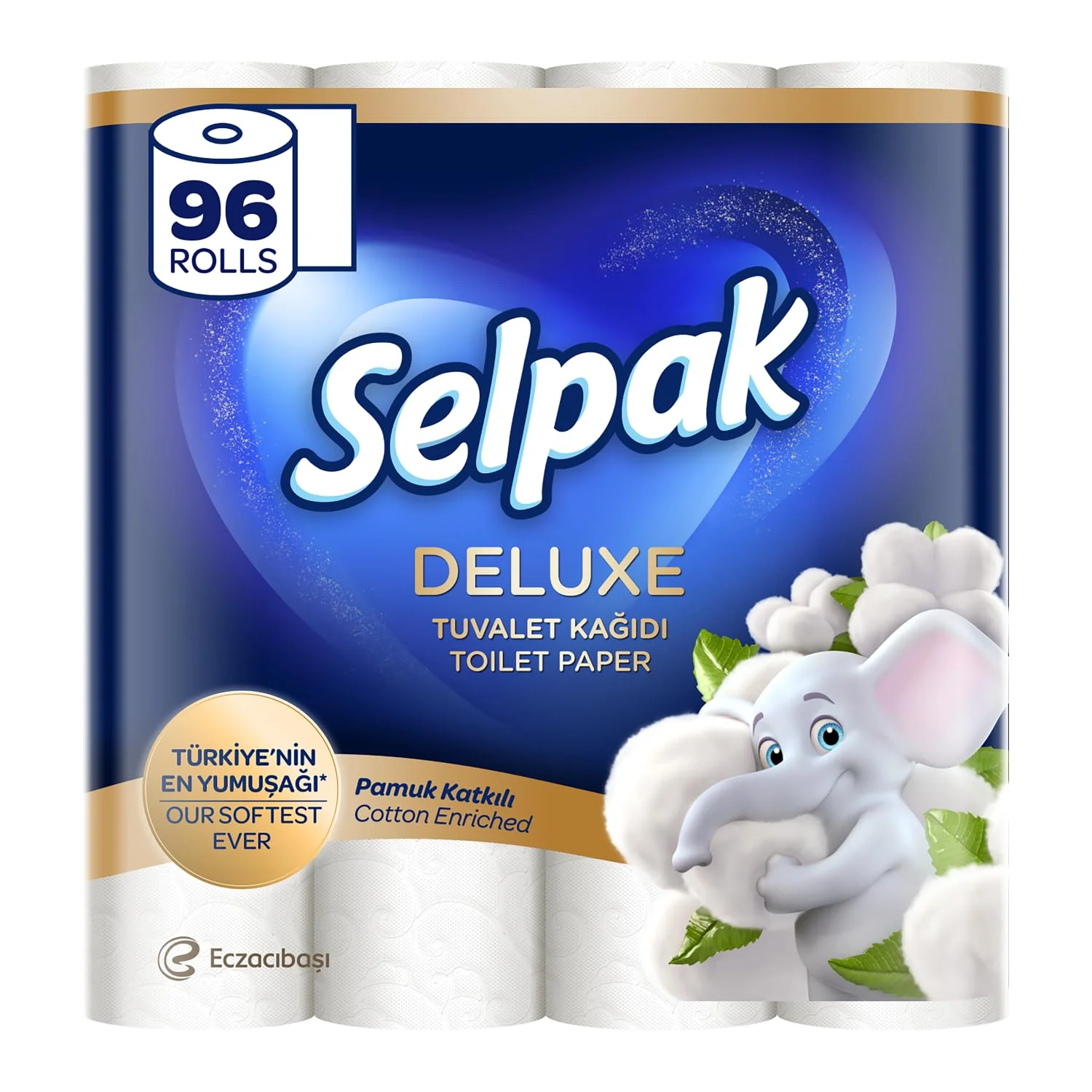 Selpak Deluxe Toilettenpapier mit Baumwolle angereichert 3-lagig, 96 Rollen (32 Rollen, 3er Pack) 130 Blatt pro Rolle, Klopapier Mit Baumwollfasern, Extra Weich und Stark, Toilet Paper, Wc Papier