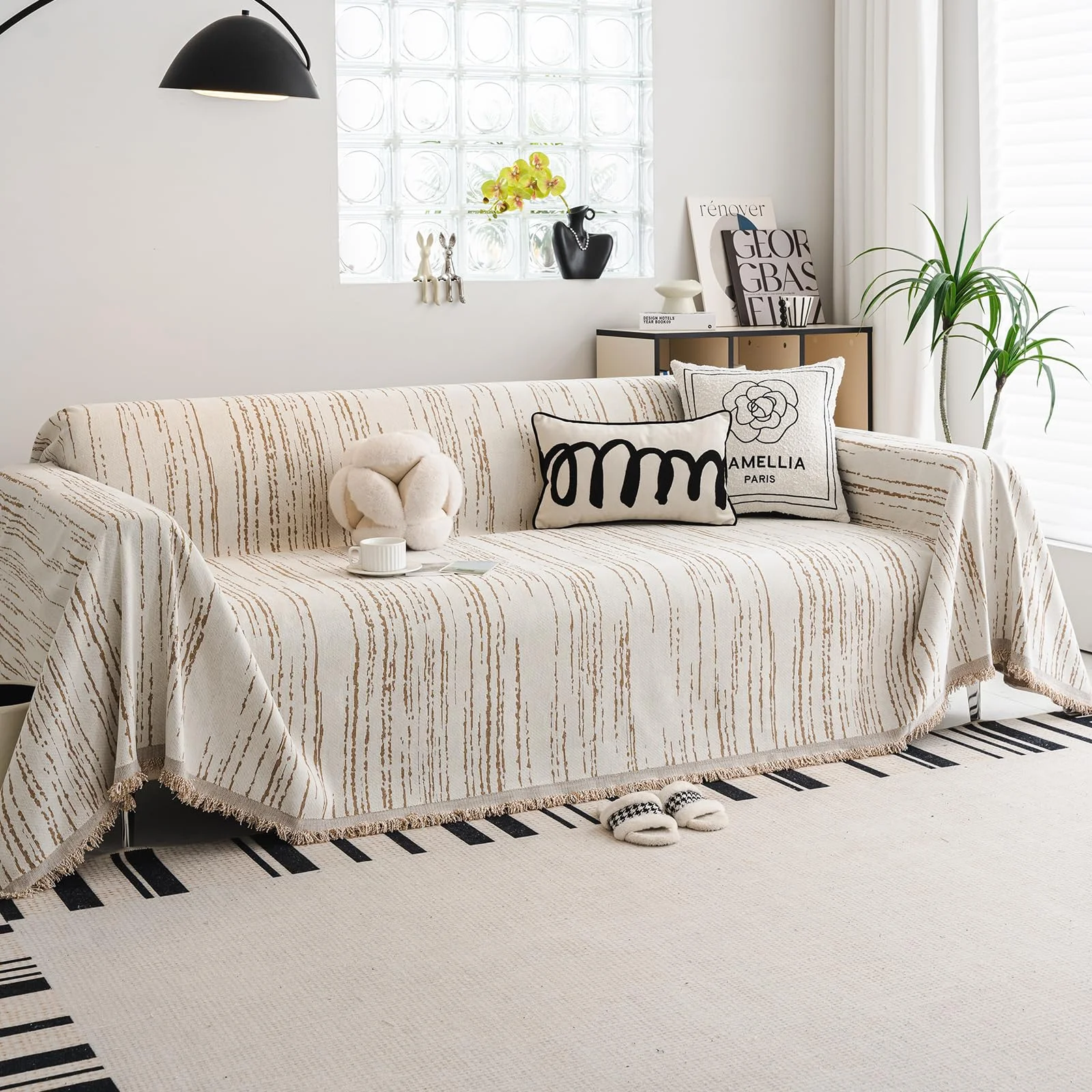 WEYOND Chenille Sofa Überzug waschbar Sofa Cover mit Quasten, haustierfreundliche Sofabezug & Couch Überwurf & Sofahussen für Sektionalsofa, Loveseat, 2/3/4-Sitzer (180 x 300 cm, Khaki)