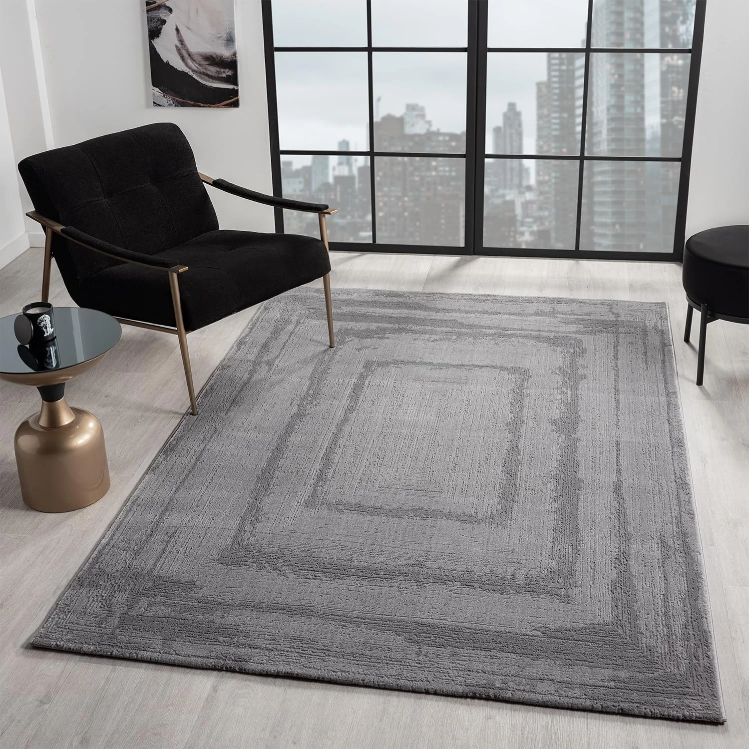 VIMODA Teppich Wohnzimmer Schlafzimmer Modern Hoch&Tief Bordüre Qualitativ 3D Effekt,Farbe:Grau;Maße:240x330 cm