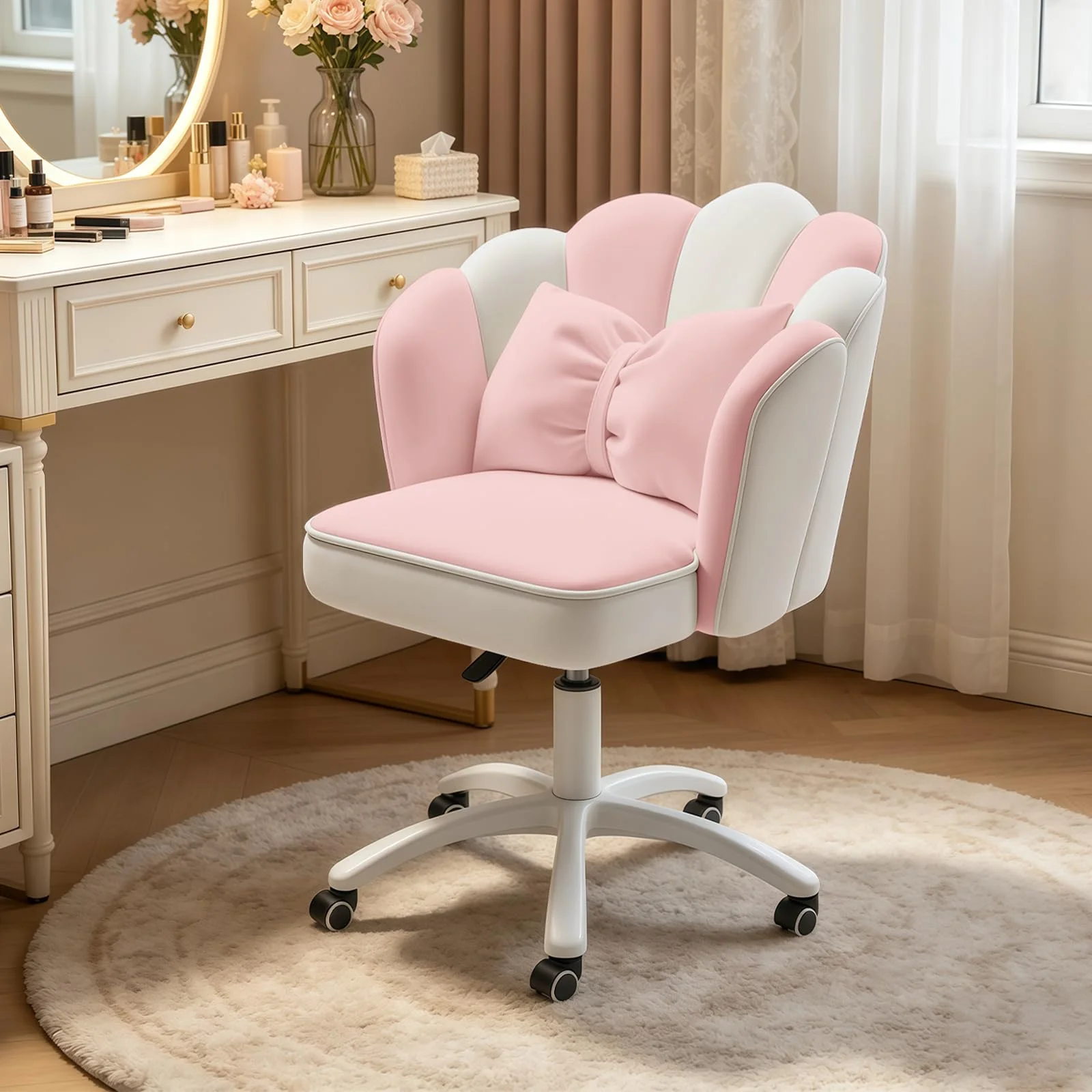 XUEGW Niedlicher Schreibtischstuhl mit Blütenblatt, Samt, mit Schleife, Schmetterling, Heimbüro, Stühle für Schlafzimmer, Computer, Arbeitsstühle mit Rückenlehne