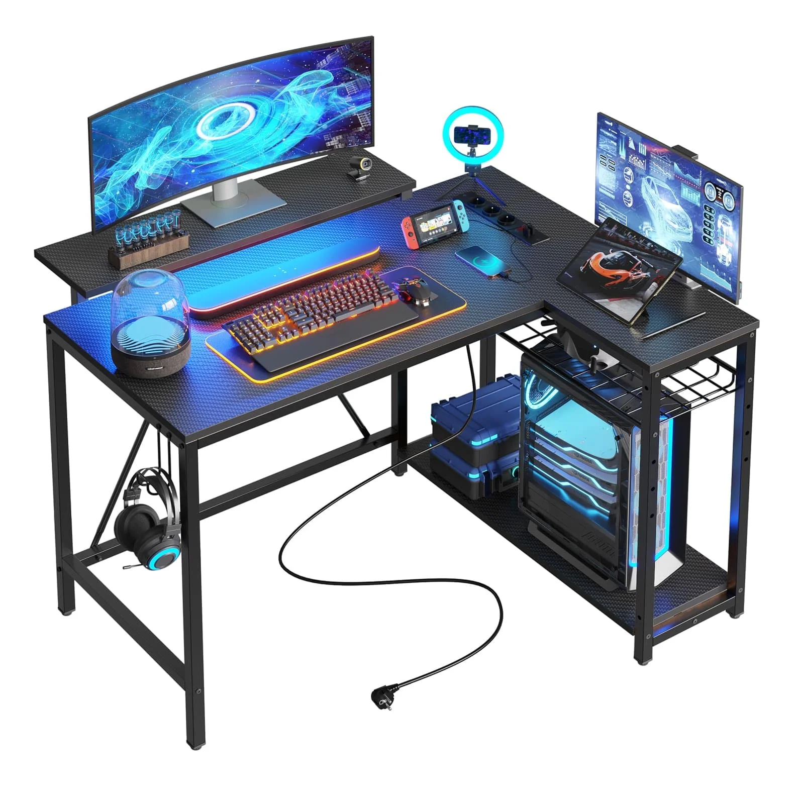Bestier L-förmiger Eckschreibtisch mit Steckdosen & LED-Beleuchtung, umkehrbarer Computertisch mit Regalen & Haken, kompakter Schreibtisch für Home Office (3D Schwarze Kohlefaser, 106CM)