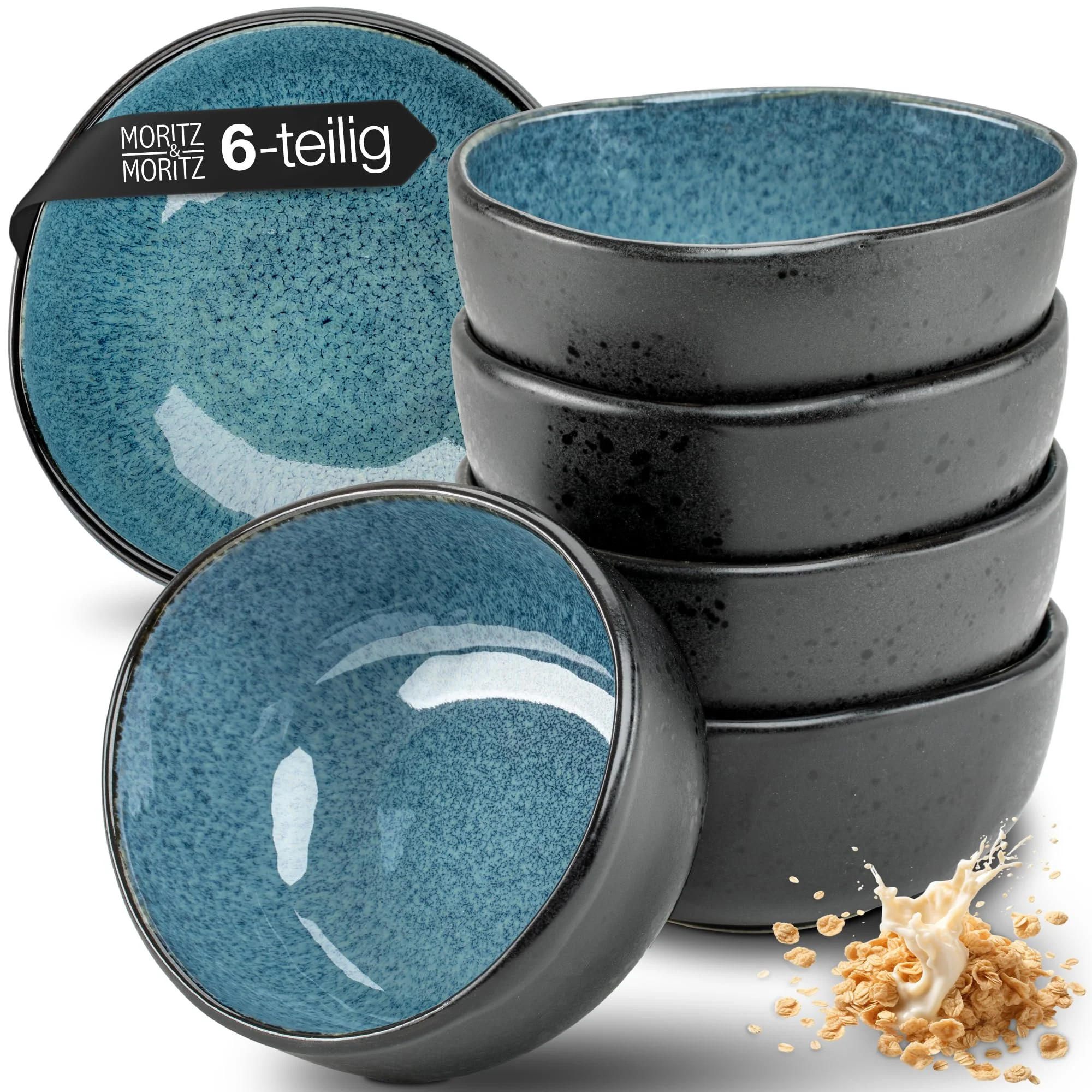 Moritz & Moritz ORGANIC Müslischalen Set 6-teilig Blau, Steingut Bowls im modernen Design, ca. 500 ml Füllmenge, einzigartiger Farbverlauf, robust und spülmaschinengeeignet