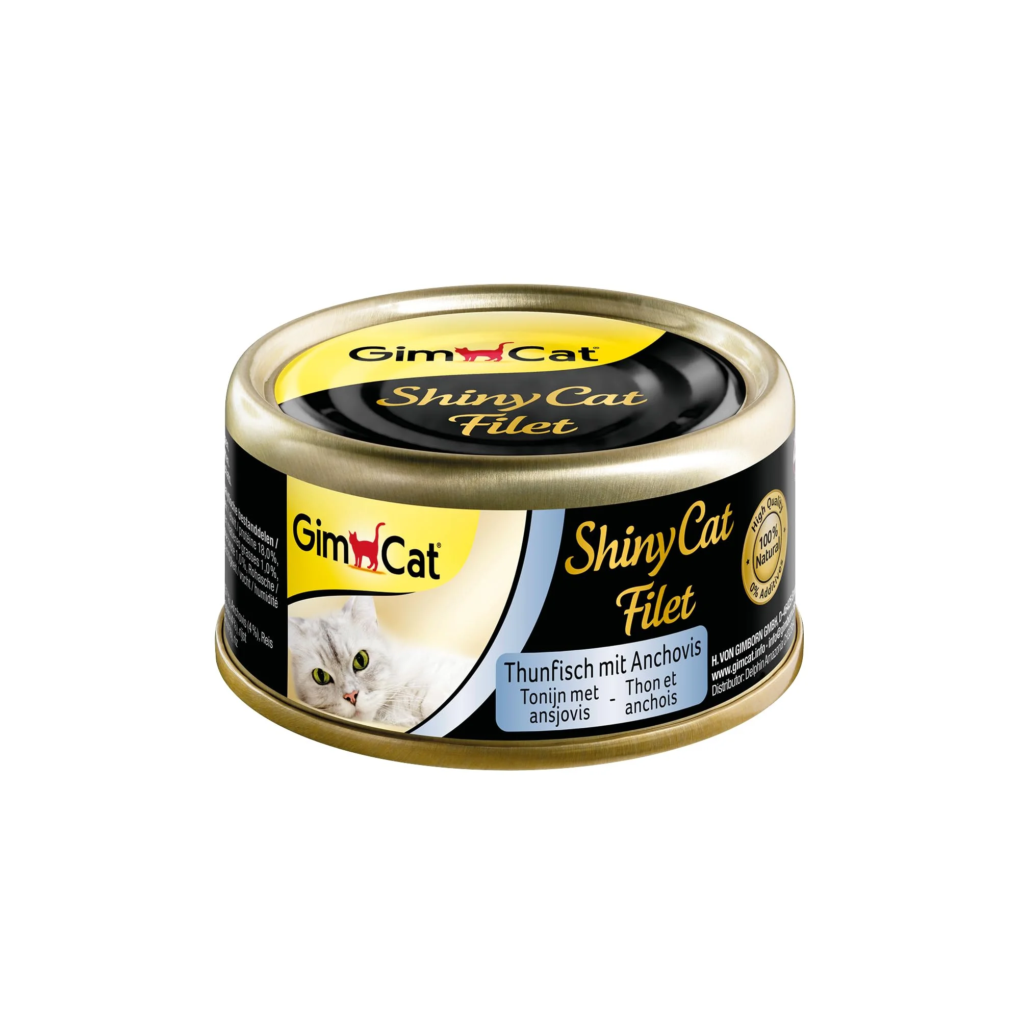 GimCat ShinyCat Filet Thunfisch mit Anchovis - Katzenfutter mit saftigem Filet ohne Zuckerzusatz für ausgewachsene Katzen - 24 Dosen (24 x 70 g)