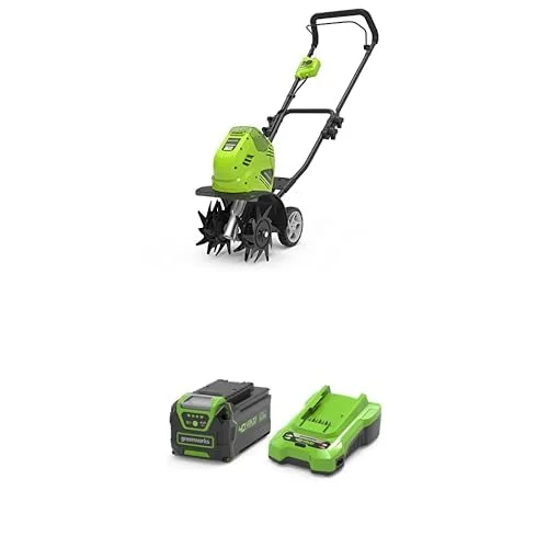 Greenworks Rasenfräse mit Frontzinken, 25 cm Arbeitsbreite, 13 cm Frästiefe, 3 Jahre Garantie mit 40V 4Ah Lithium-Ionen-Akku Greenworks + 2A Universal Ladegerät