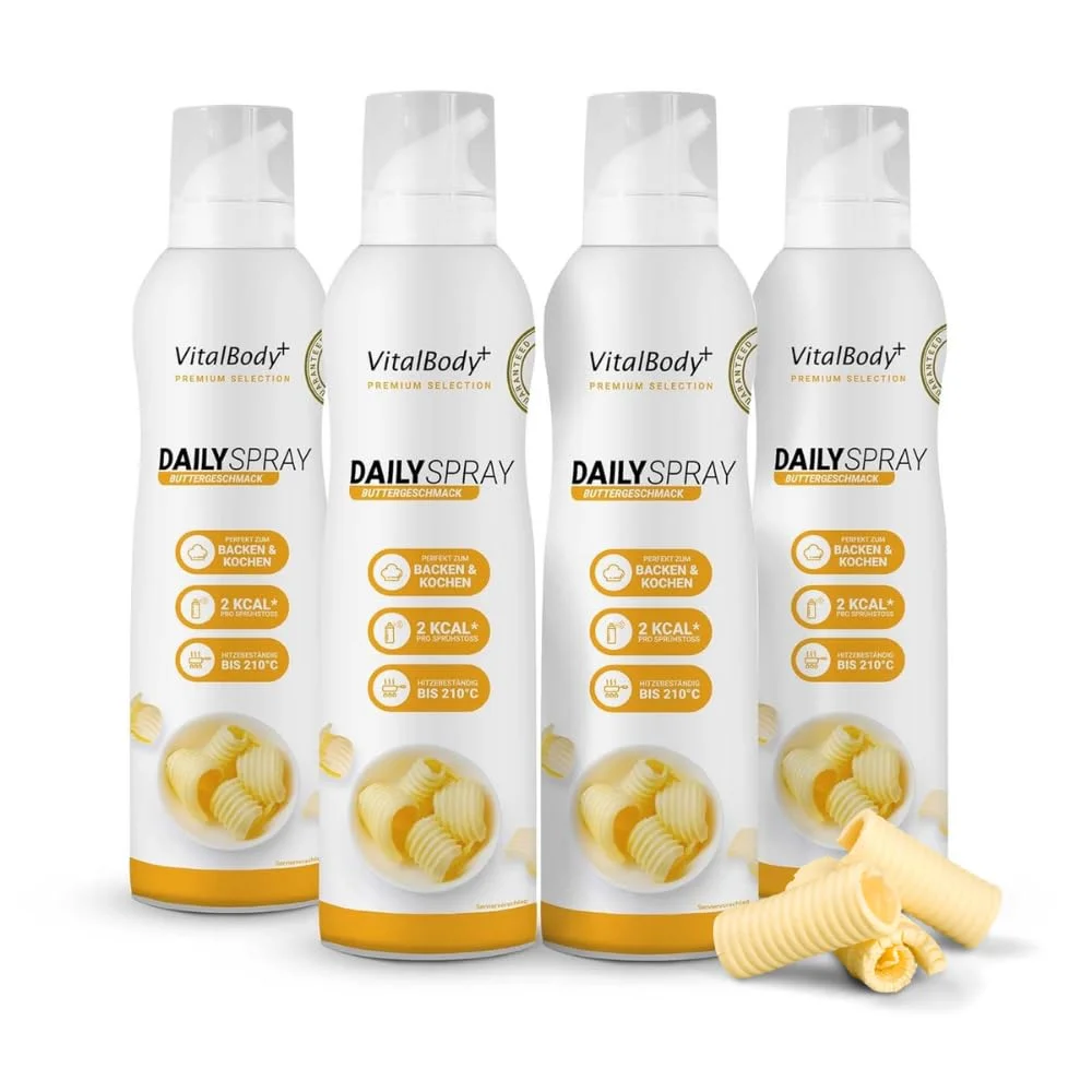 VitalBody+ DailySpray Rapsöl mit Buttergeschmack – 2 kcal Ölspray für Airfryer, Braten & Grillen – Kalorienarm Kochen – Non-stick Cooking Spray, 3200 Portionen, 4er Pack