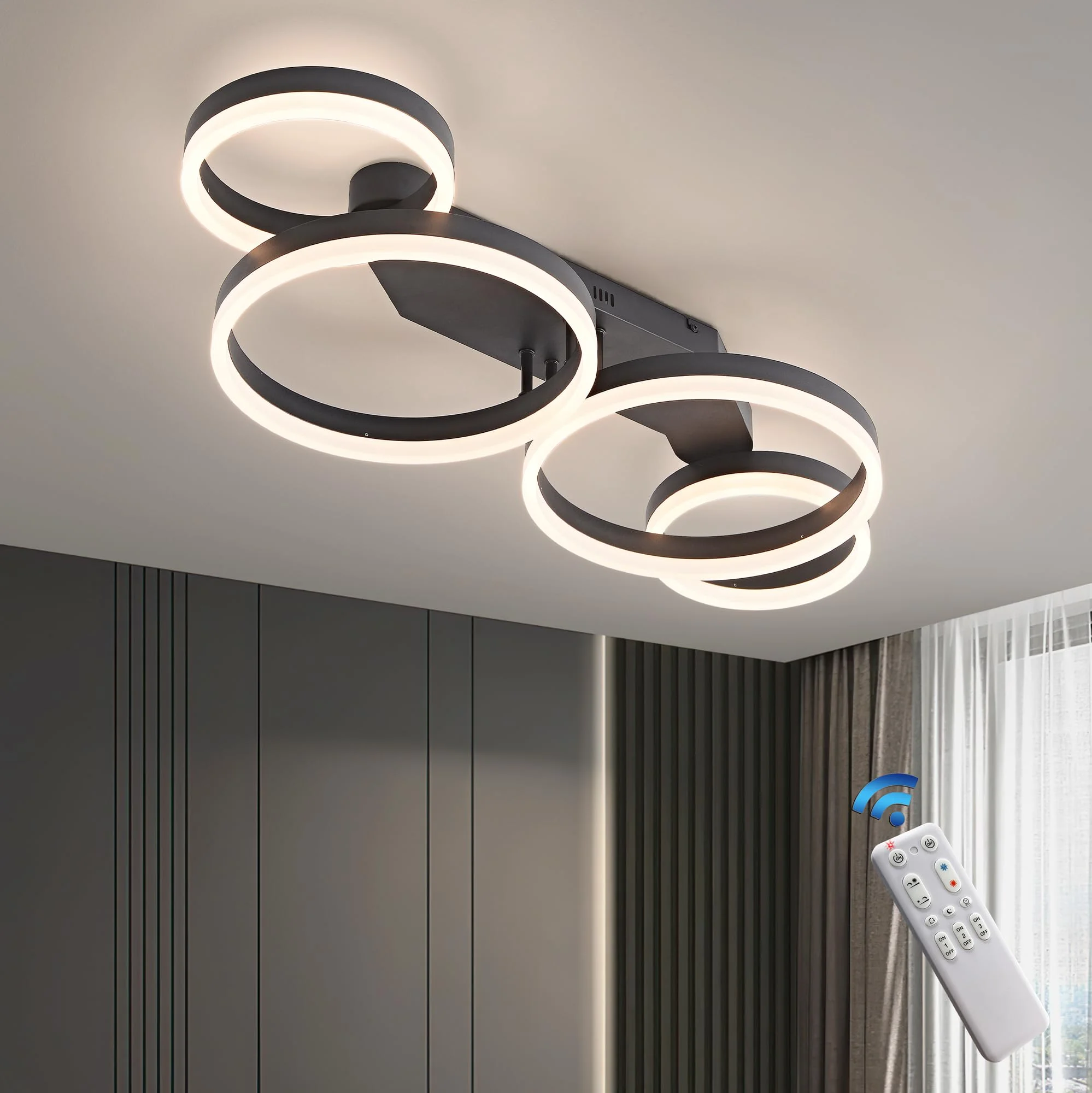 LED Deckenleuchte dimmbar, Schwarz 4-Ring Modern Wohnzimmerlampe, 48W 80cm 4800lm mit Fernbedienung, Farbtemperatur 3000-6000K, Helligkeit 10-100% Schlafzimmerlampen, Memory-Funktion, 5W Nachtlicht