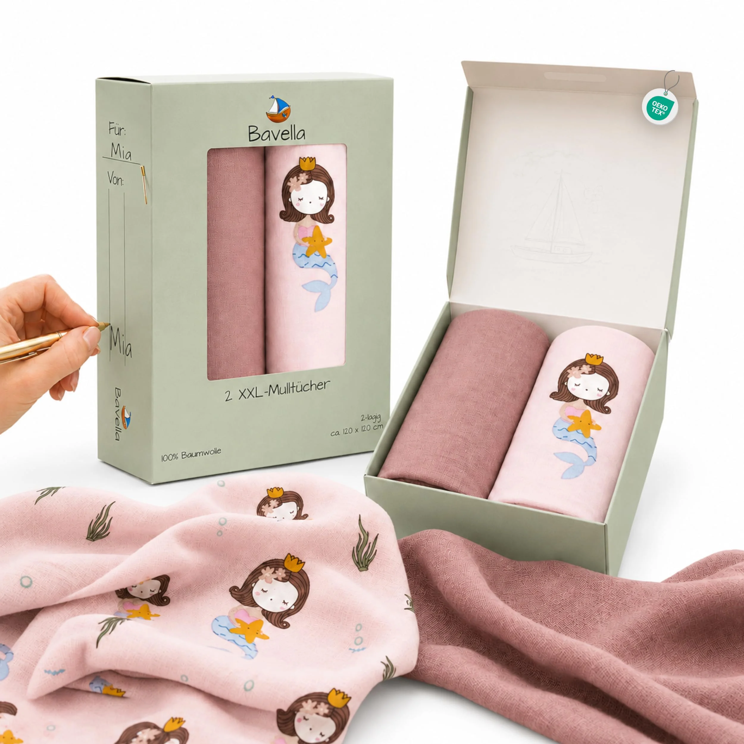Bavella - 2er Set XXL Musselin Baby Decke & Tuch (ÖKO-TEX Zertifiziert) 100% Baumwolle (120x120cm) - Spuck-Tücher, Pucktuch & Musselin-Tuch für Jungen & Mädchen, Mulltücher Mullwindeln nachhaltig
