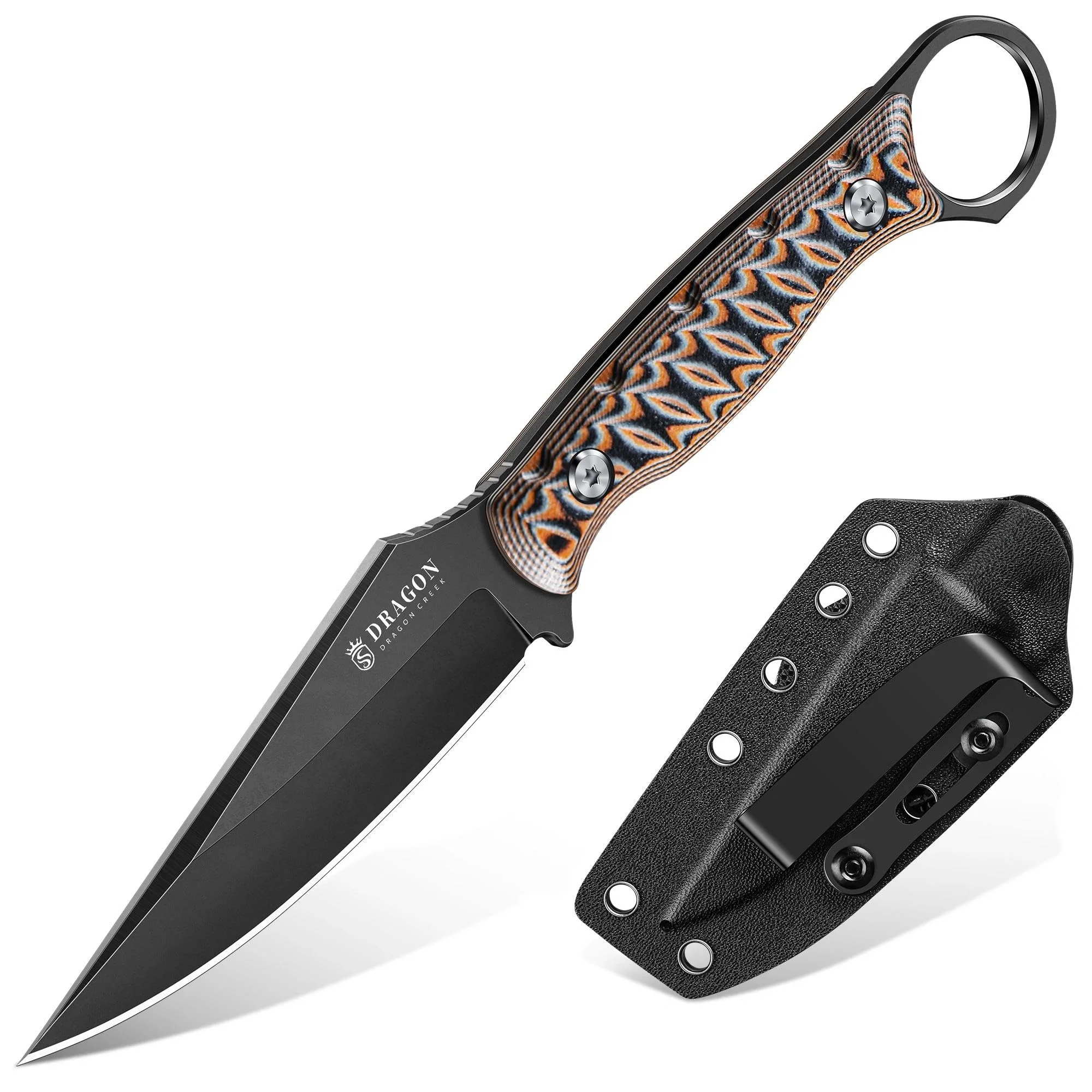 Dragon Creek Feststehendes EDC-Messer, ausgestattet mit Kydex-Scheide und Taschenclip Die einteilige Vollkonstruktion eignet sich für Outdoor, Camping, und Wandern(rot)