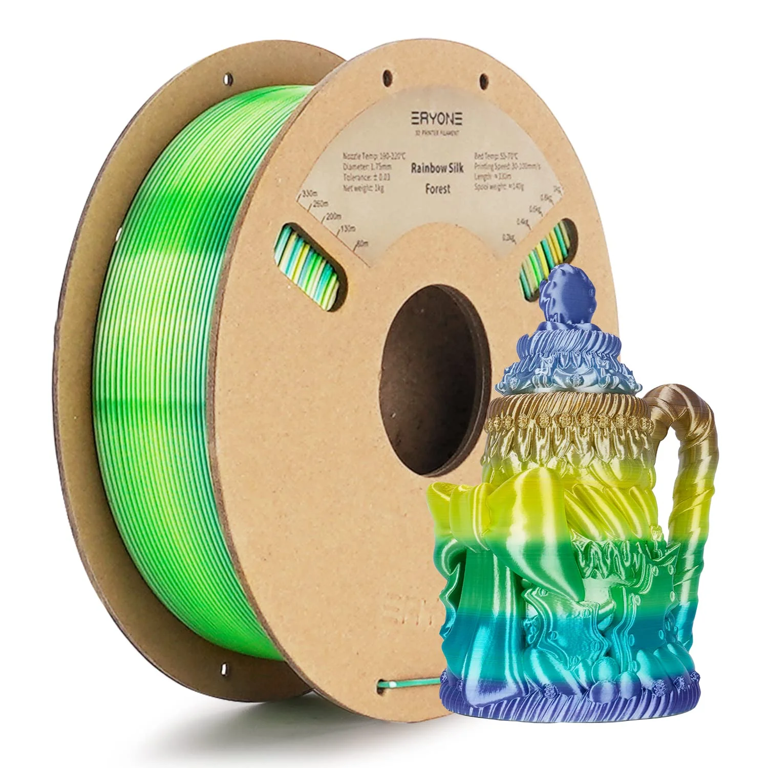 ERYONE Ultra Shiny Silk PLA Filament voor 3D Druker, PLA Filament 1.75mm, +/- 0,03mm,1kg 1 Spule, Multicolor Rainbow Fast Color Gradient Silk, Waldregenbogen