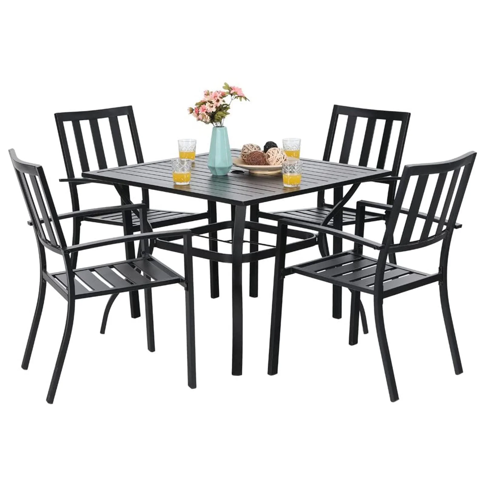 PHI VILLA Gartenmöbel Set mit Gartentisch und Stühle 4er Set Metall Terrassen Outdoor Bistro Garten Möbel Sets Wetterfest Garten Sitzgruppe Stapelbare Stühle Sparen Platz