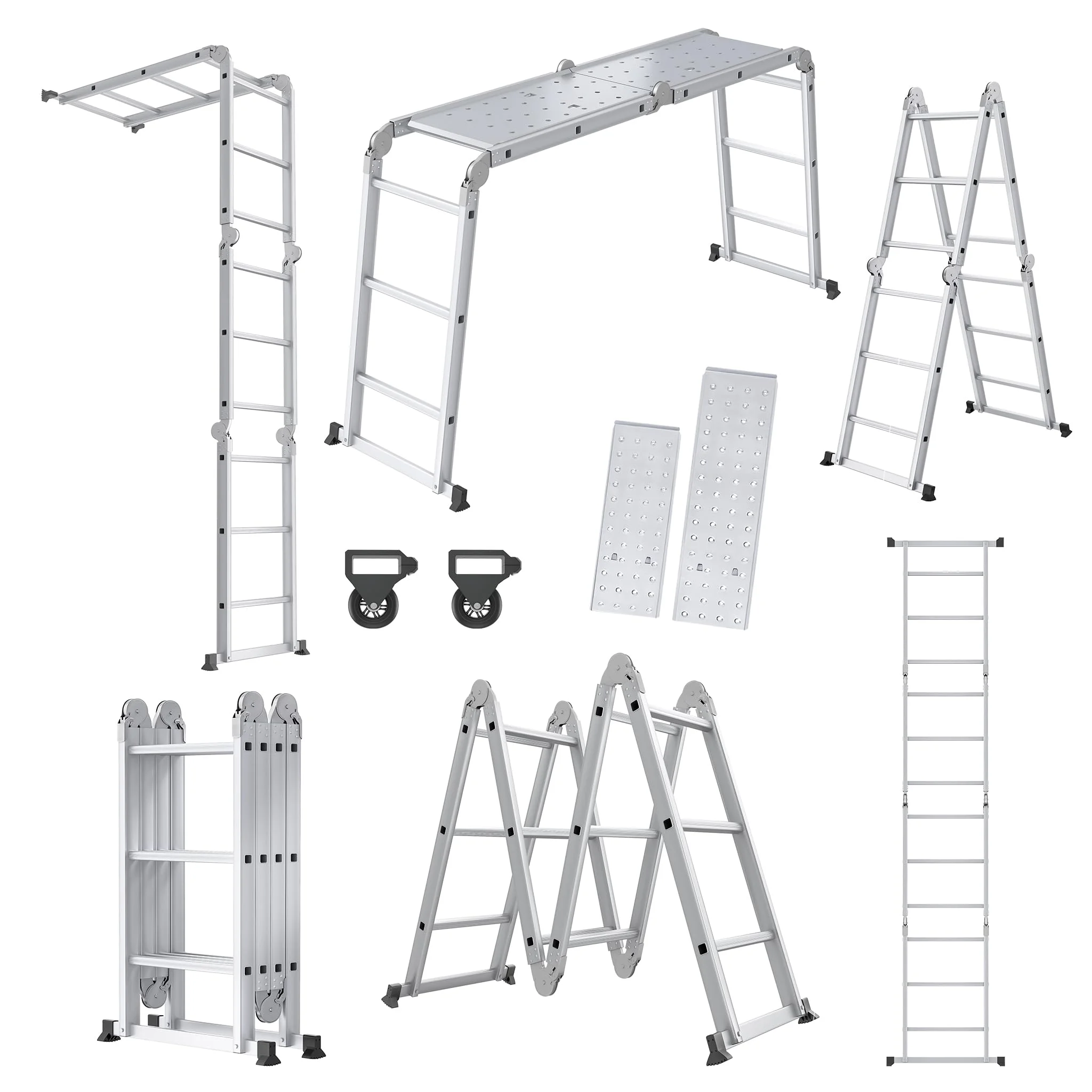 YRHome 6 in 1 Leiter Mehrzweckleiter Alu Gelenkleiter Klappleiter Steigleiter 340cm Multifunktionsleiter Aluleiter Kombileiter mit Plattformbis 150KG belastbar 4x3 Stufen Silber