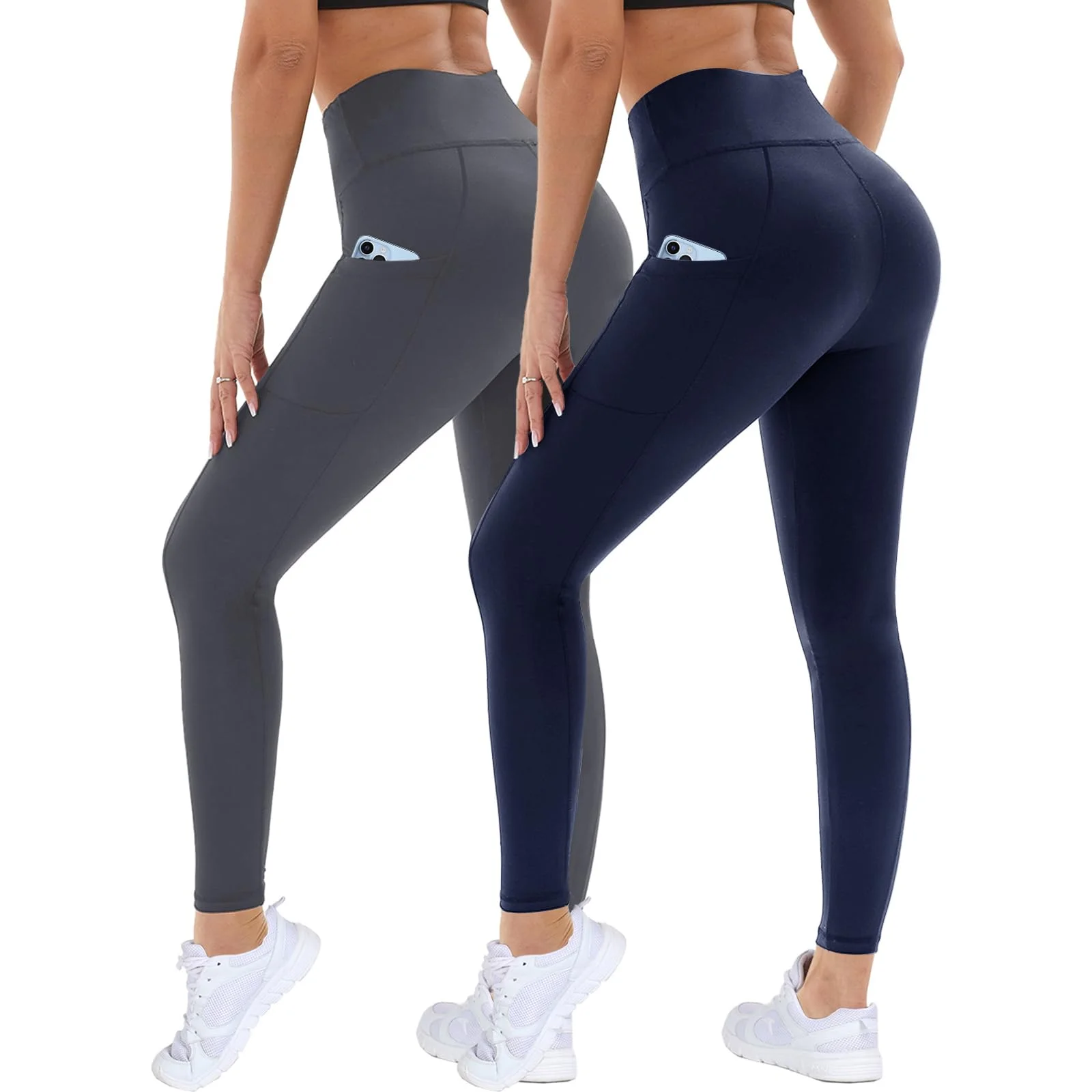 DDOBB 2er Pack Sport Leggings Damen High Waist Sportleggins Damen Lang Mit Taschen Gym Leggins Blickdicht Schwarz Sporthose Elastische Bauchweg Yogahose Fitness Laufhose