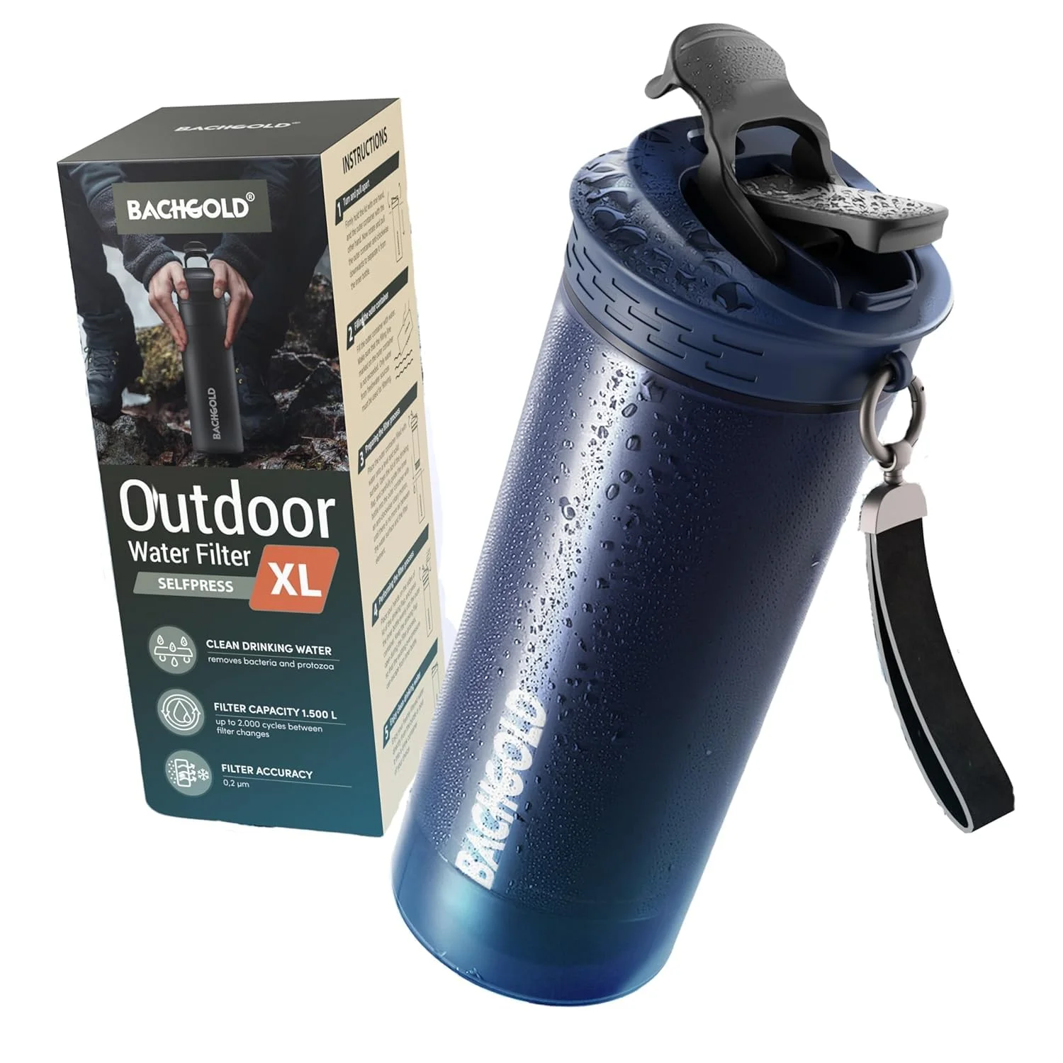 Bachgold® Profi Outdoor Wasserfilter Flasche I Entfernt 99,99% aller Bakterien und filtert Mikroplastik, Partikel und Chlor I Blackout & Krisensicher (Blau, 800ml)