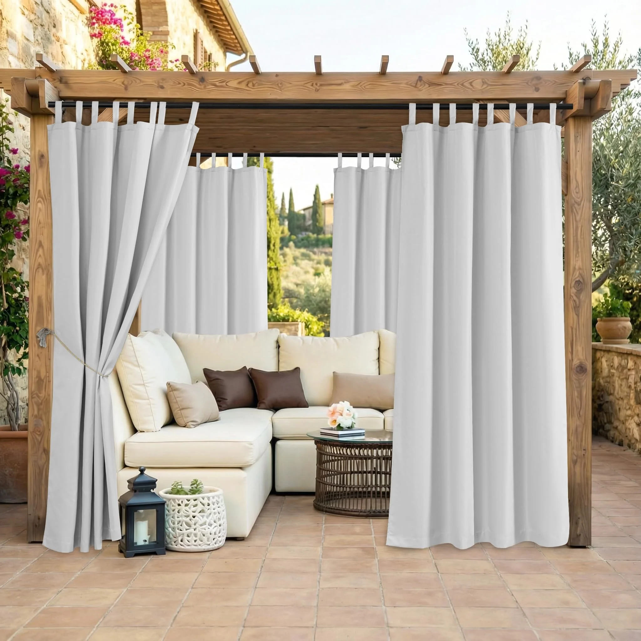 Clothink 2er Set Outdoor Vorhänge Wasserfest Sonnenschutz Winddicht mit Klettband Oben für Terrasse Garten Balkon Familienhaushalte einfache Montage farbecht haltbar(132x215cm, Grau-Weiß)
