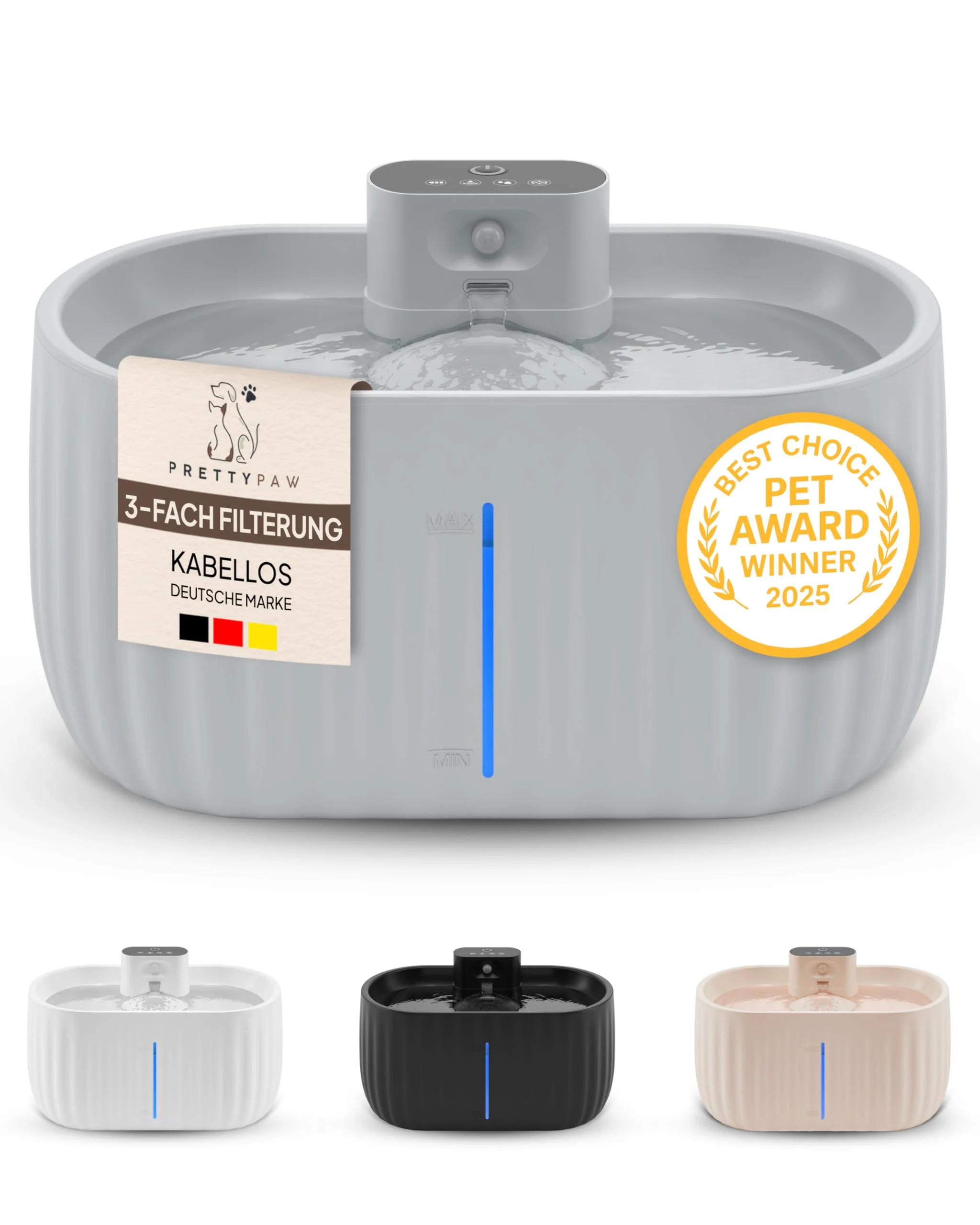 Pretty Paw Katzenbrunnen Kabellos mit Bewegungsmelder - Trinkbrunnen für Katze mit 45 Tagen Akku - Wasserbrunnen für Katzen mit Filter & 3 Liter Wassertank - Aqua Sense (Grau)