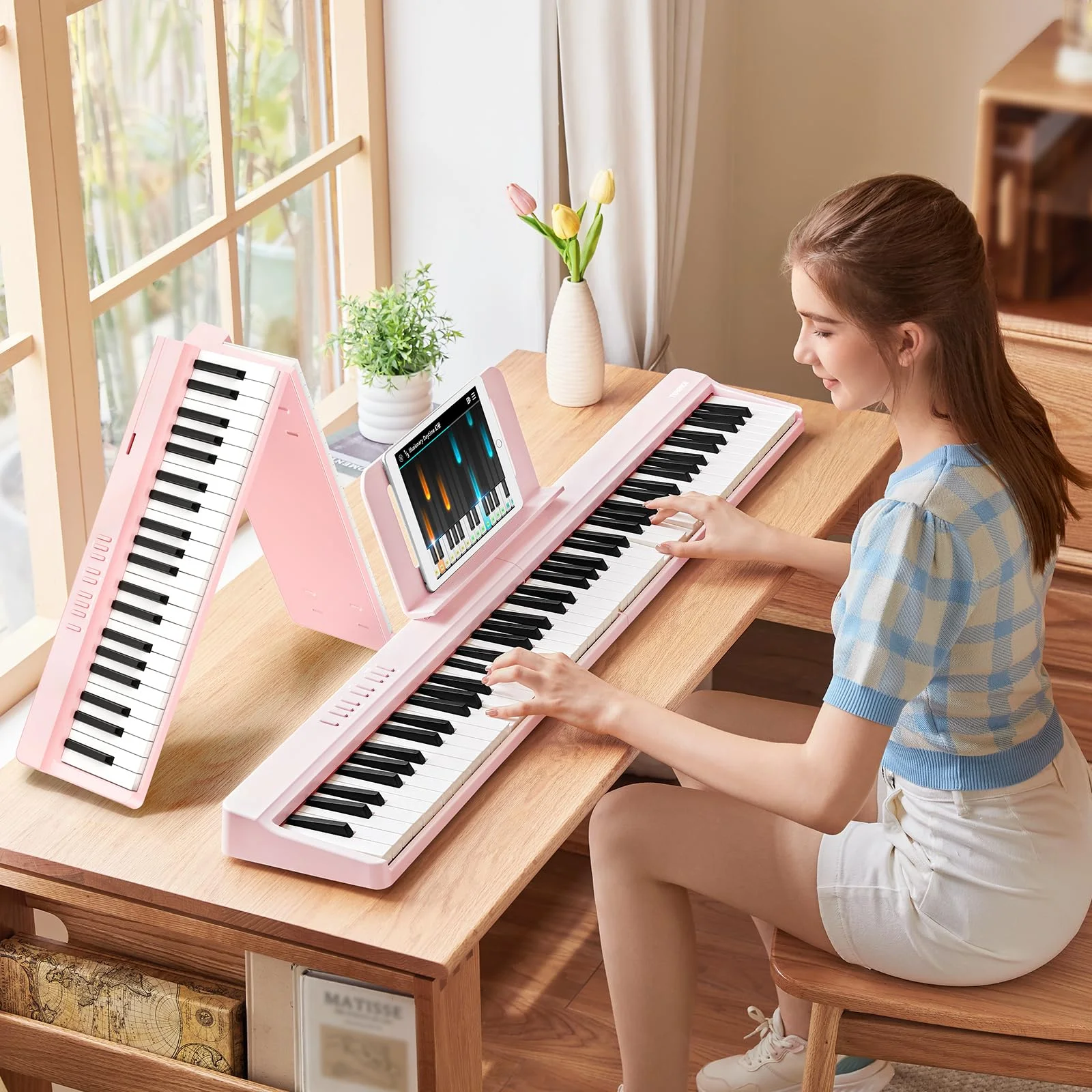 TERENCE E Piano 88 Tasten Rosa, Keyboard Piano mit Halbgewichtet, Faltbares Klavier mit Aufnahme und Bluetooth-Unterstützung, mit Pedal und 4-Einheiten-Lautsprecher, Bevorzugte Wahl für Anfänger