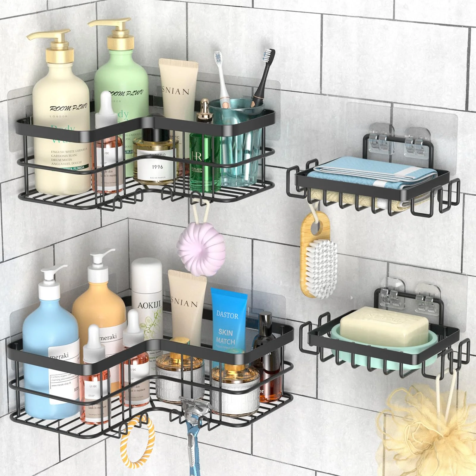 Yazoni Duschregal Ecke 4 Stück - Duschablage Ohne Bohren mit Seifenhalter, Edelstahl Badezimmer Organizer mit 8 Haken für Bad Küche und Wohnzimmer (Schwarz)