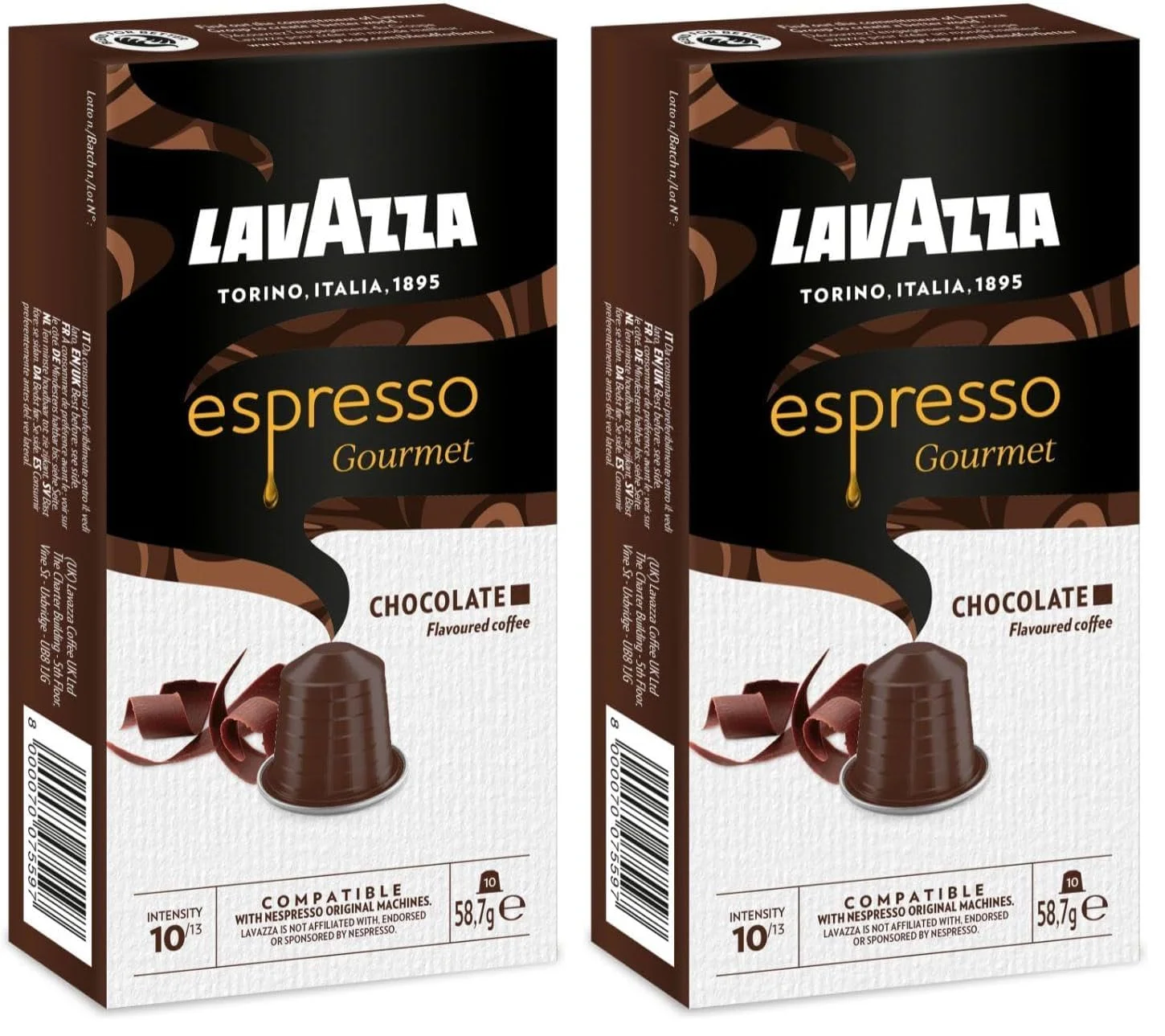 Lavazza, Espresso Gourmet Chocolate, 10 Aluminiumkapseln kompatibel mit Nespresso* Originalmaschinen, mit natürlichem Schokoladenaroma, Arabica und Robusta, Intensität 10/13, mittlere Röstung