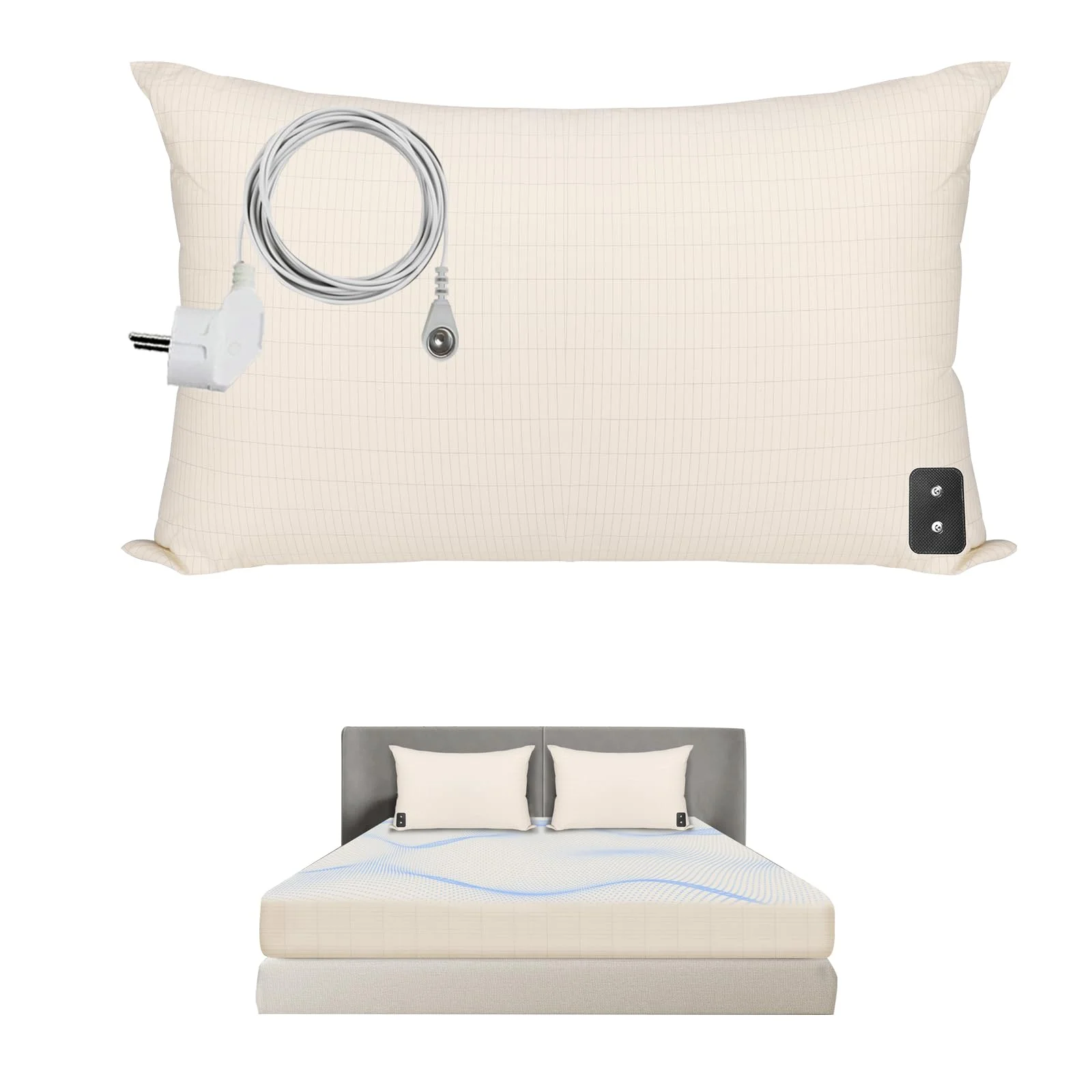 HUNAIGEE Erdungs-Kissenbezug 40 x 80cm Erdungsprodukt Erdungskissen Bezug mit EU Erdungskabel Earthing Matte Grounding Pillowcase Leitfähig Beige