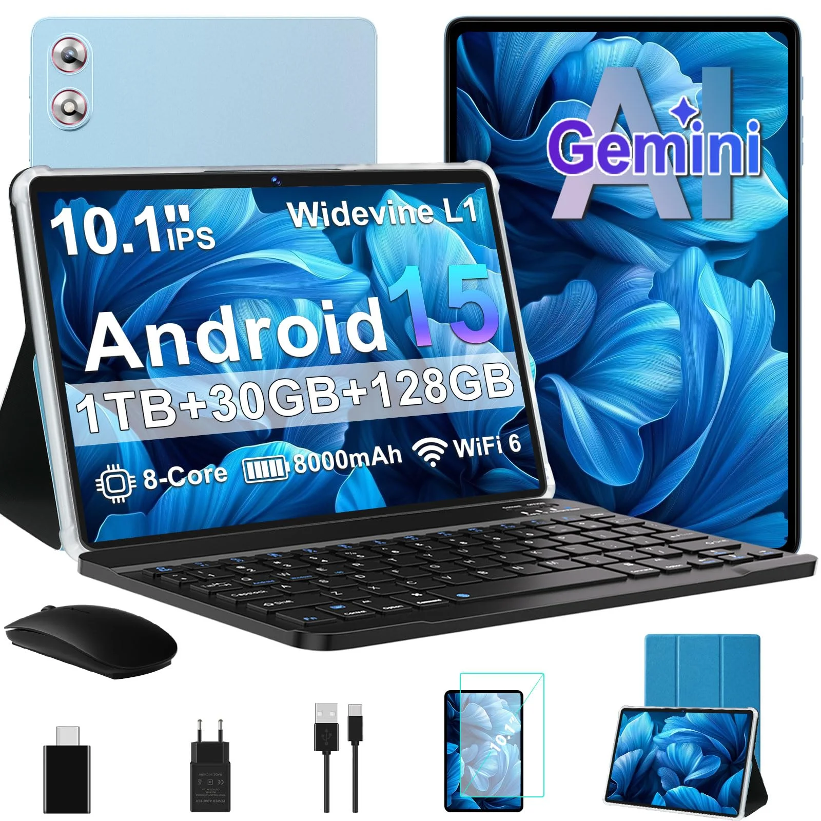 fezawio 10,1 Zoll Android 15 Gaming Tablet Gemini AI 30GB RAM +128GB ROM, Octa-Core 8000mAh, WiFi6, Widevine L1, GMS, 3.5mm Audio, GPS, Face ID mit Tastatur, Maus und Schutzhülle, Blau