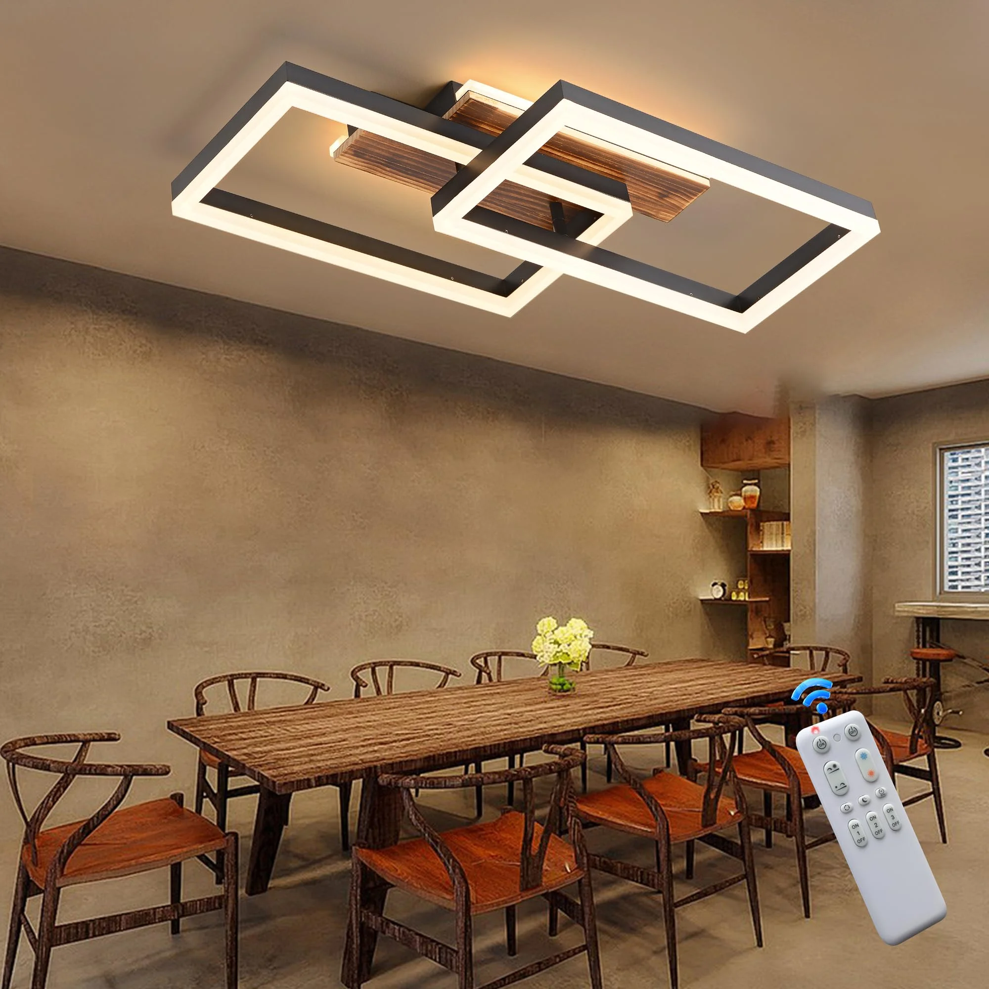 SEATAIN LED Deckenleuchte Holz dimmbar, Massivholz schwarz rechteckige Vintage Deckenlampe, 48W 60cm 4800lm 3000K-6000K mit Fernbedienung, Schlafzimmerlampe, 4W Nachtlicht, Memory-Funktion