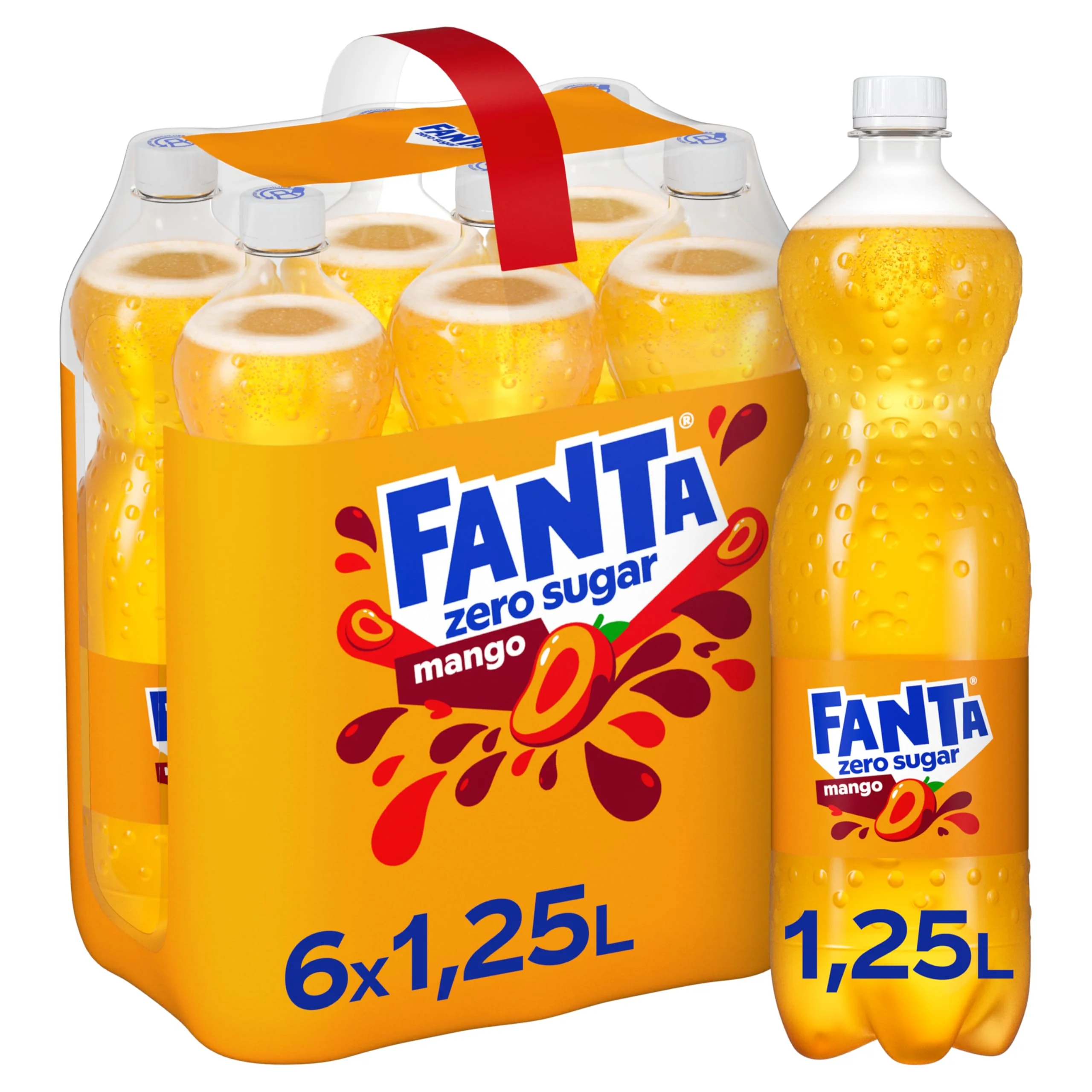 Fanta Zero Mango Limonade – zuckerfreies, kalorienfreies Erfrischungsgetränk mit exotischem Mango-Geschmack – 6x 1,25L Einweg PET Flaschen – Vorratspack