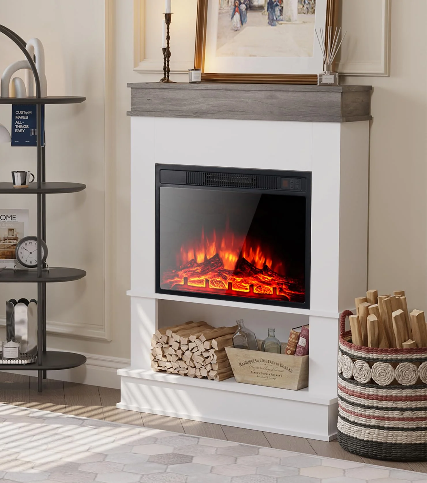 M.C.Haus Elektrischer Kamin mit Kaminablage, 23"/58cm Kamineinsatz, Einstellbare Temperatur und Flammeneffekt, Offene Ablage und Tischplatte, Kamin in Ingenieurholzoptik, Eiche Rustikal & Weiß