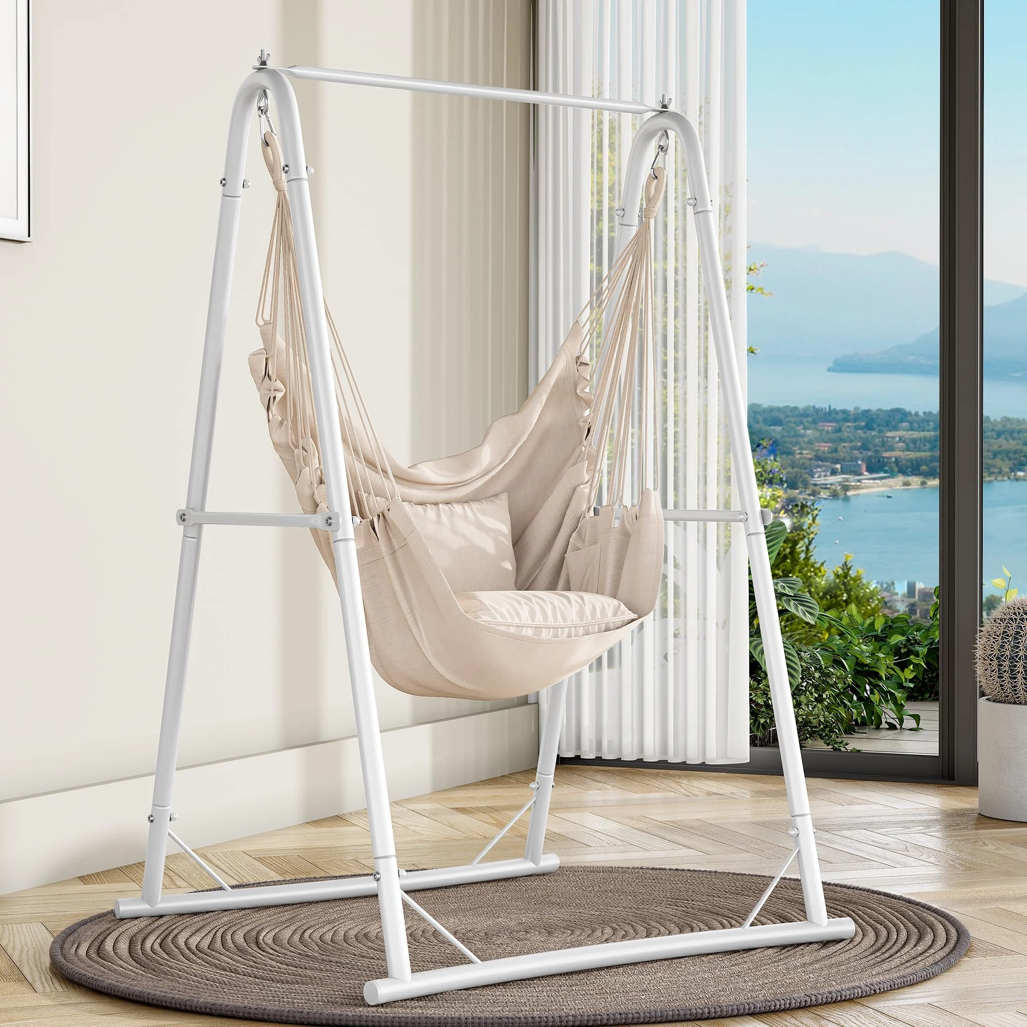 YITAHOME Hängesessel mit Gestell, Max. Belastung 150 kg, Stabiler Stahlrahmen, Hängeschaukel mit Kissen, Hängesessel mit 2 Haken für Terrasse, Balkon und Garte