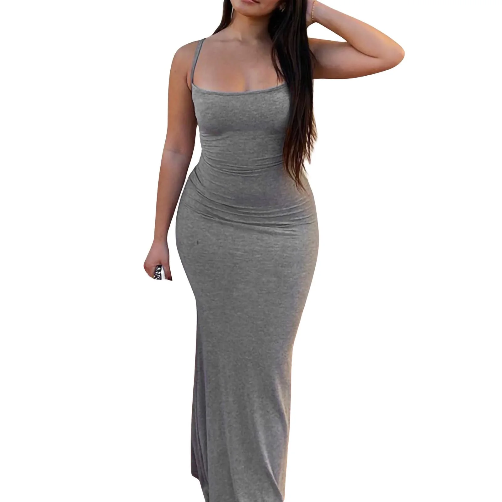 Damen Cami Bodycon Kleid Casual Basic Solid Kleid Spaghetti Strap Maxikleid TikTok Influencer Kleid