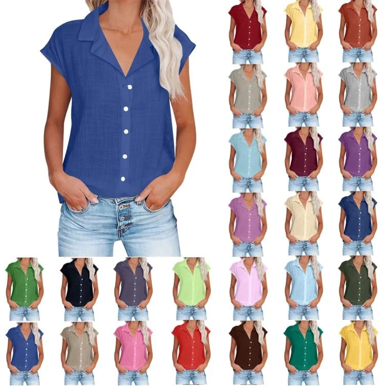 Leinenbluse Damen,Retro Einfarbig Leinenhemd Einreihiges Hemd Kurzarm Revers Hemdbluse Sommer Shirt Bequeme Blusenshirt Locker Oberteile Urlaub Strand Tunika Tops Blusen & Tuniken für Damen Hemden