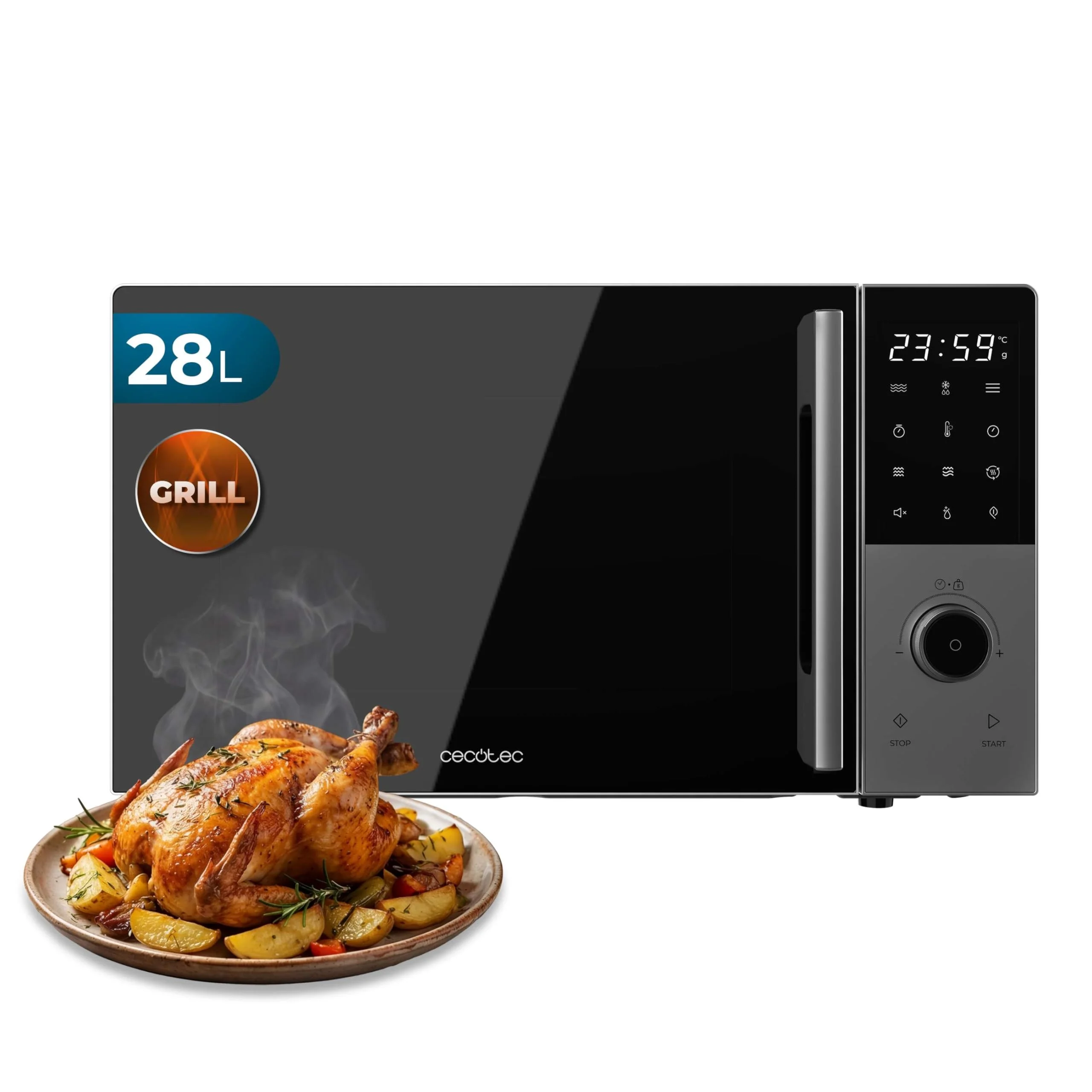 Cecotec Digitaler Mikrowellenherd mit Grill 28L Proclean 2800. 900W, Grill 1200W, Konvektion 2200W, 8 Programme, 5 Leistungsstufen, 315mm Platte, 60m Timer, Kindersicherung, Touch