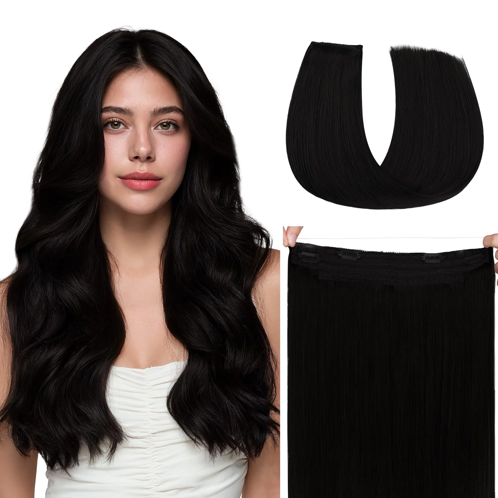 hotbanana Secret Hair Extensions Echthaar, 35cm 75g Remy Haarverlängerung mit Draht Invisible Secret Draht Extensions Echthaar Fish Line Haarverlängerungen Tiefschwarz
