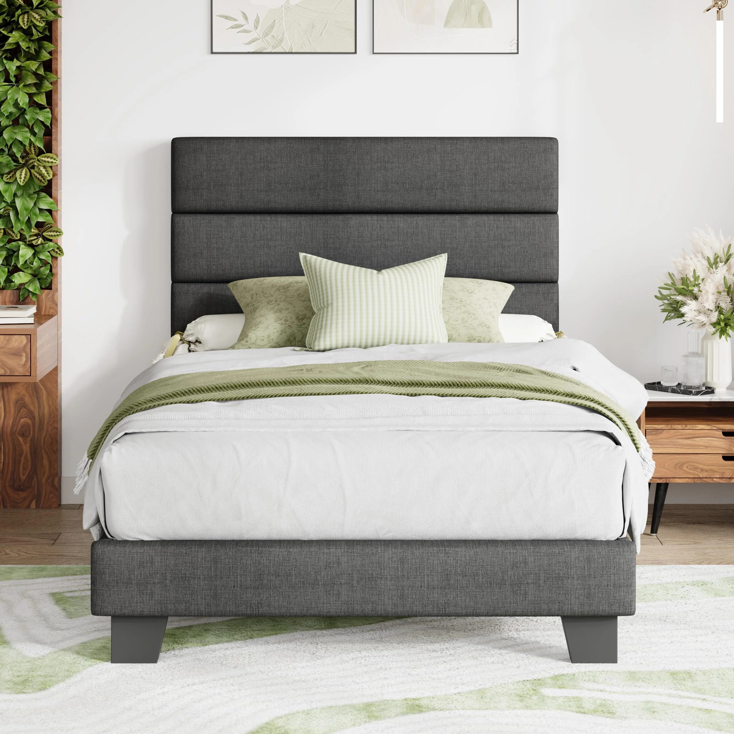 MUTICOR Polsterbett 90 x 200 cm mit Stauraum – Bettgestell mit Stoffbezug und Kopfteil, Stabiler Holzlattenrost, voll gepolsterter Rahmen, einfache Montage, Dunkelgrau
