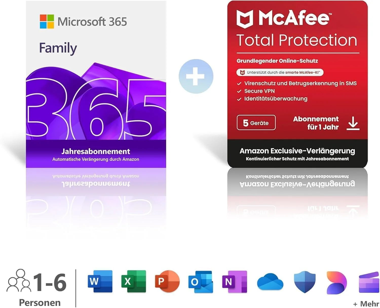 Microsoft 365 Family │ 1 Jahr │ bis zu 6 Personen │ Office Apps mit KI | bis zu 6 TB Cloudspeicher | verlängert für 129,99€ + McAfee Total Protection | 1 Jahr | 5 Geräte │ verlängert für 108,10€
