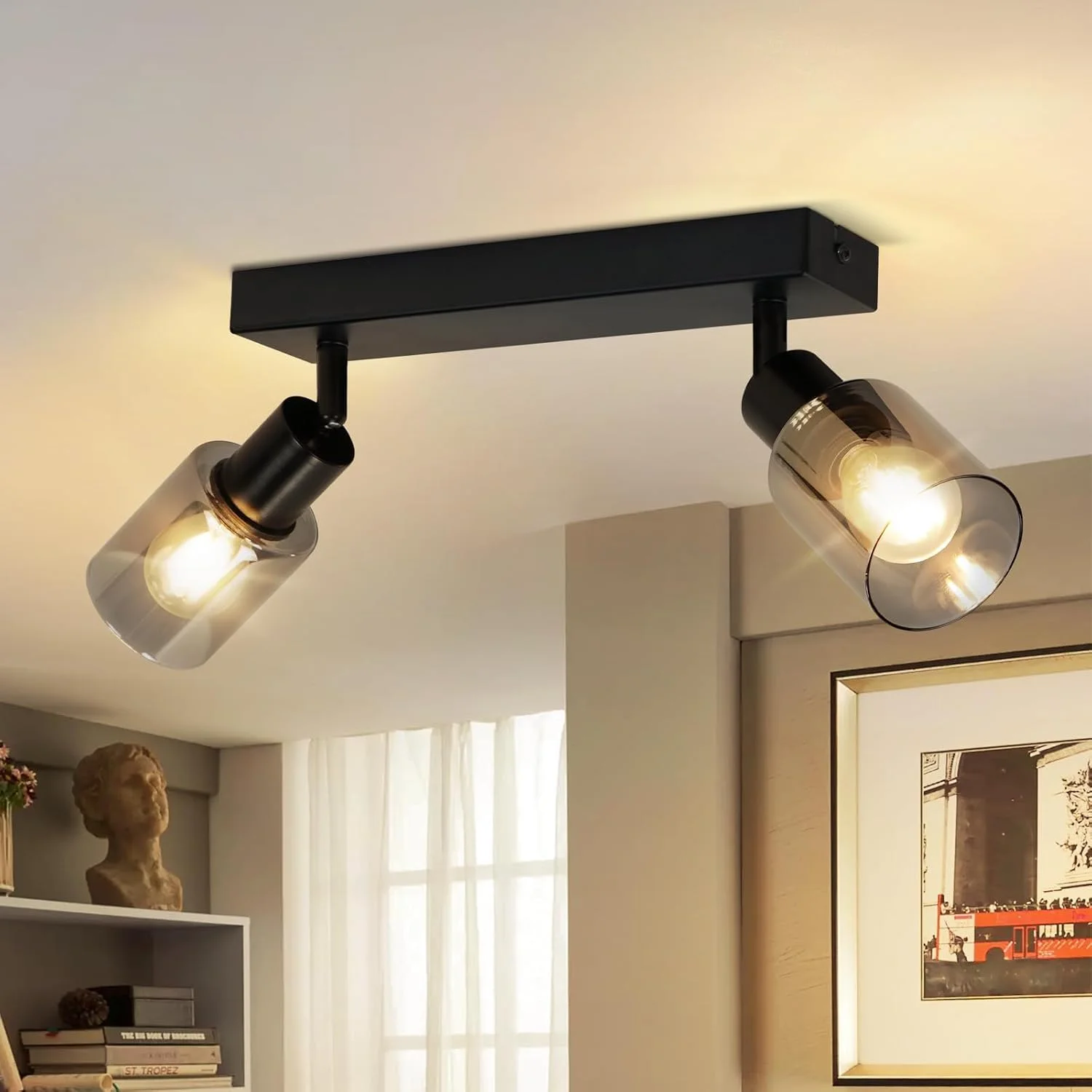 Kowanie Vintage Dual-Light Deckenstrahler: Flur-Deckenleuchte im Industriestil/Lampe — Metall- und Glaskonstruktion, 350° drehbar — Küchen-Deckenstrahler & Wandleuchte—(Leuchtmittel nicht enthalten)