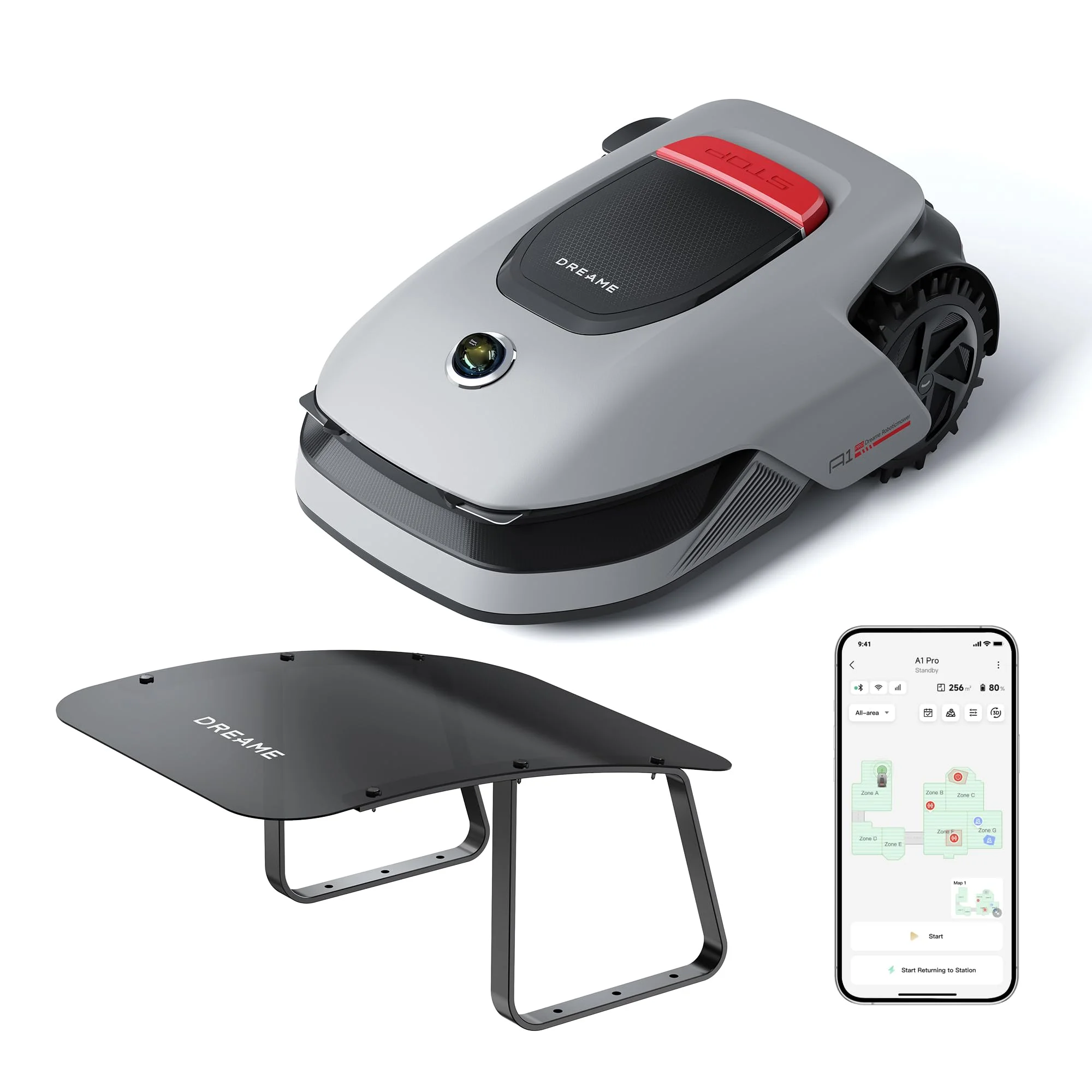 dreame Mähroboter A1 Pro und Garage, Drahtloser Umfang Mähroboter, 2000m², App Steuerung, Intuitive Zonenverwaltung, Hindernisvermeidung, Offroad Reifen