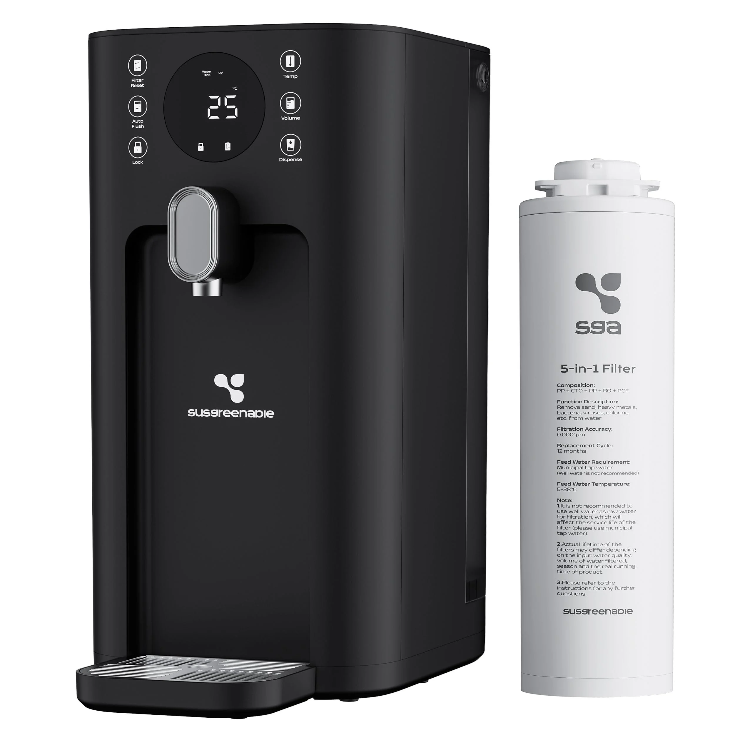 CIARRA X SusGreenable Osmoseanlage Trinkwasser 100GPD, Umkehrosmoseanlage mit Heißwasser, 4 Temperaturen, 5-stufiger RO Wasserfilter mit SGROF03, Tischgerät ohne Installation, Schwarz