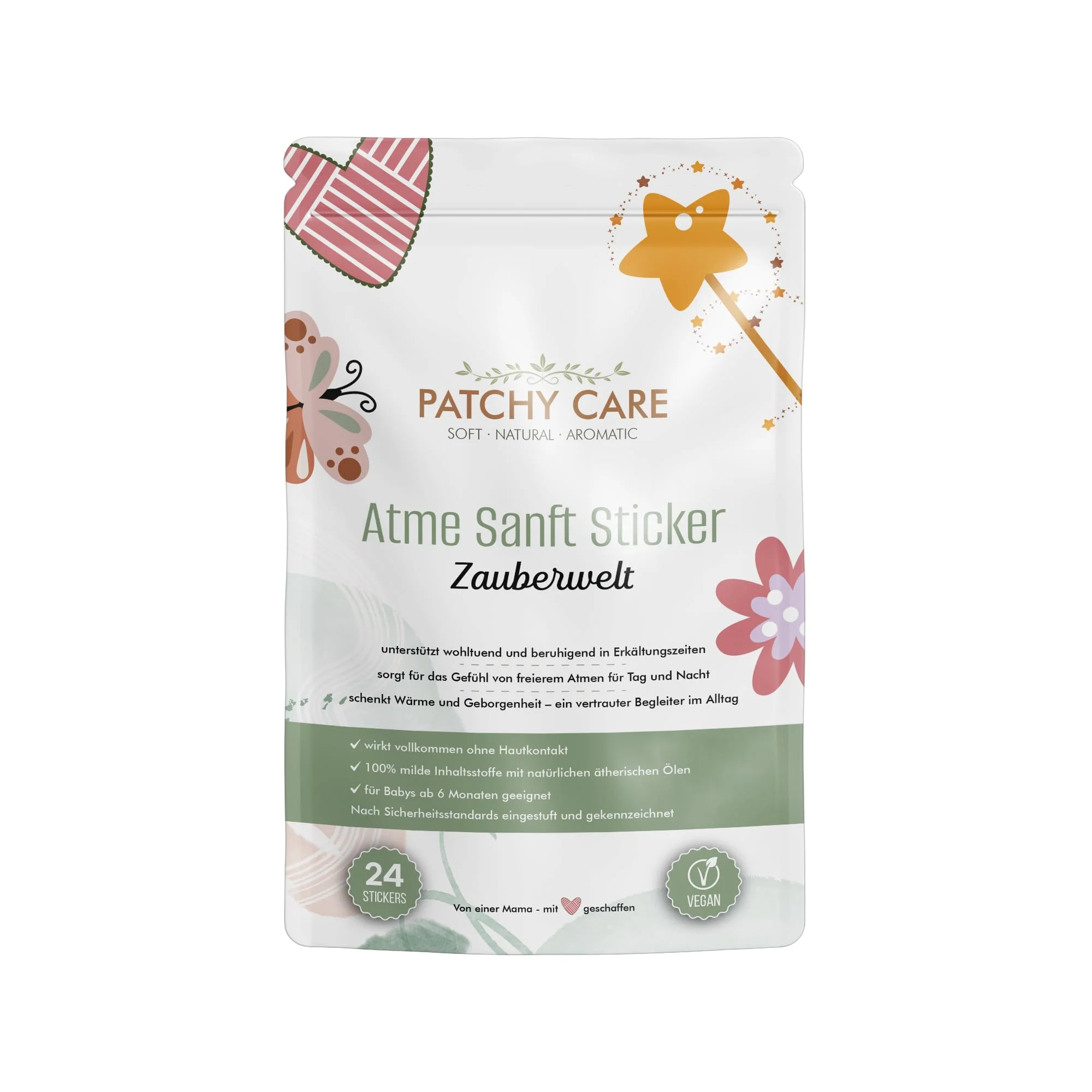 Atme Sanft Aroma Pflaster - 24 Sticker für wohltuende Atemmomente in Erkältungszeiten - Entspannend für ruhige Nächte - Für Kinder ab 6 Monaten - Ohne Hautkontakt - 100% naturreine ätherische Öle