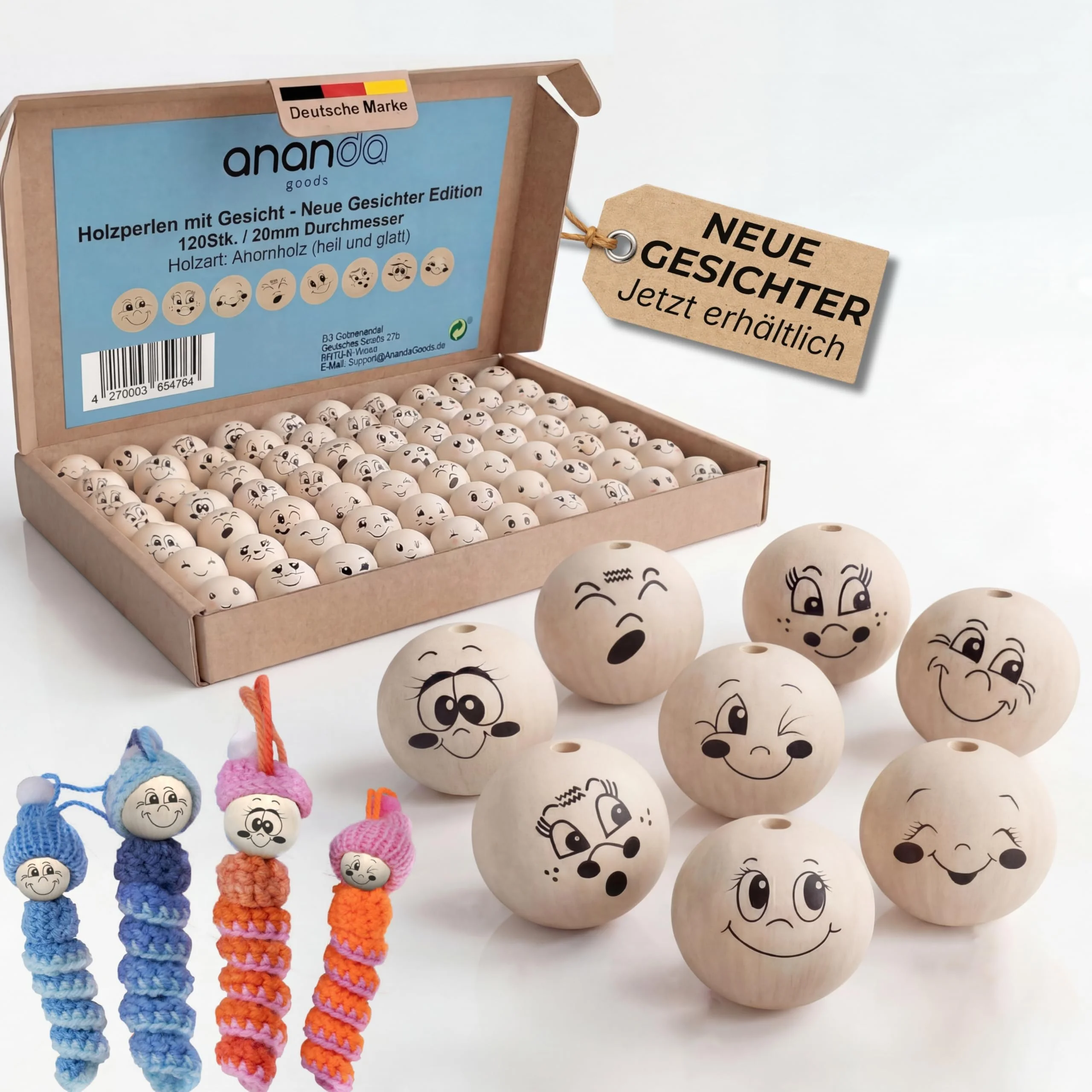 Ananda Goods 120 Holzperlen mit Gesicht – 20mm Holzkugeln mit 8 süßen Gesichtern – perfekt für Sorgenwürmchen, Glückswürmchen, DIY Schlüsselanhänger, Dekoration & kreative Geschenkideen