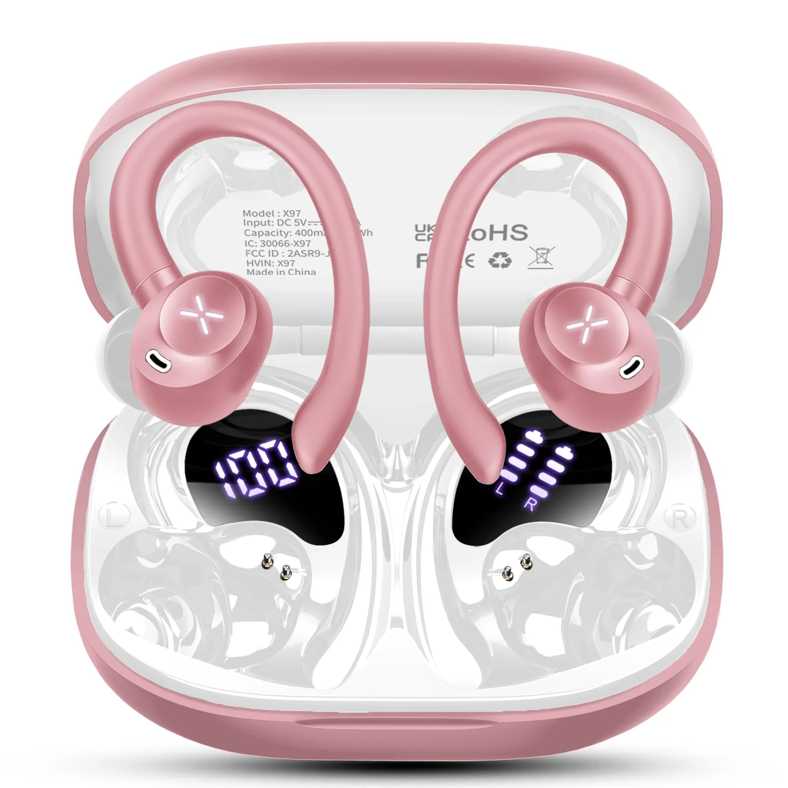 Bluetooth Kopfhörer Sport, 2026 In Ear Kopfhörer Bluetooth 5.4 mit 60h Spielzeit, IPX7 Wasserdichte Kopfhörer Kabellos Bluetooth mit LED Display, Tiefer Bass Hi-Fi Stereo für Arbeit & Fitness Roségold