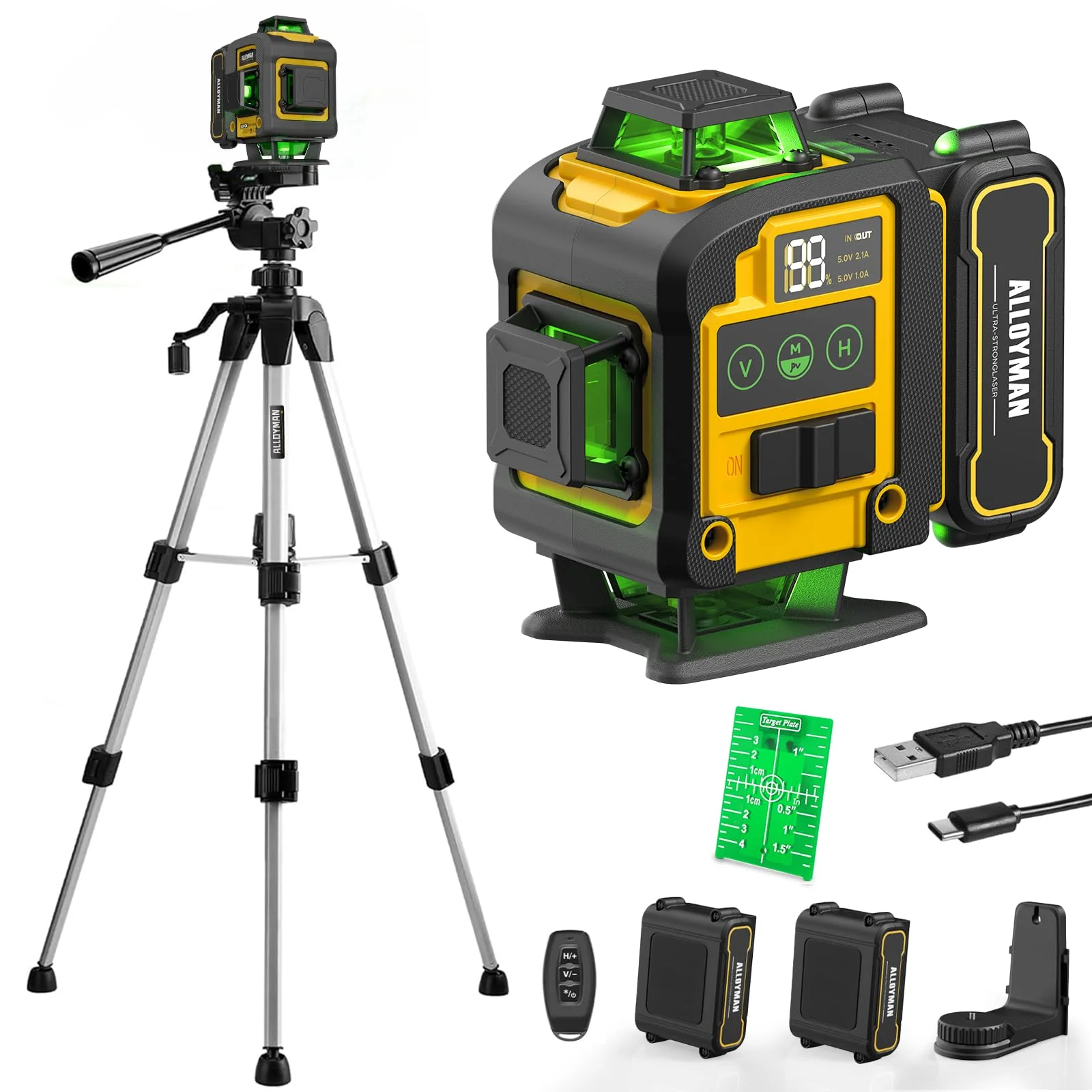 Alloyman Kreuzlinienlaser mit Stativ, 16 Linien Nivellierlaser, 4×360Grad Laser Wasserwaage, Selbstnivellierend 4D Grün Linienlaser Kreuzlaser mit 2 Batteries, IP54, für Innenbereich Baustelle