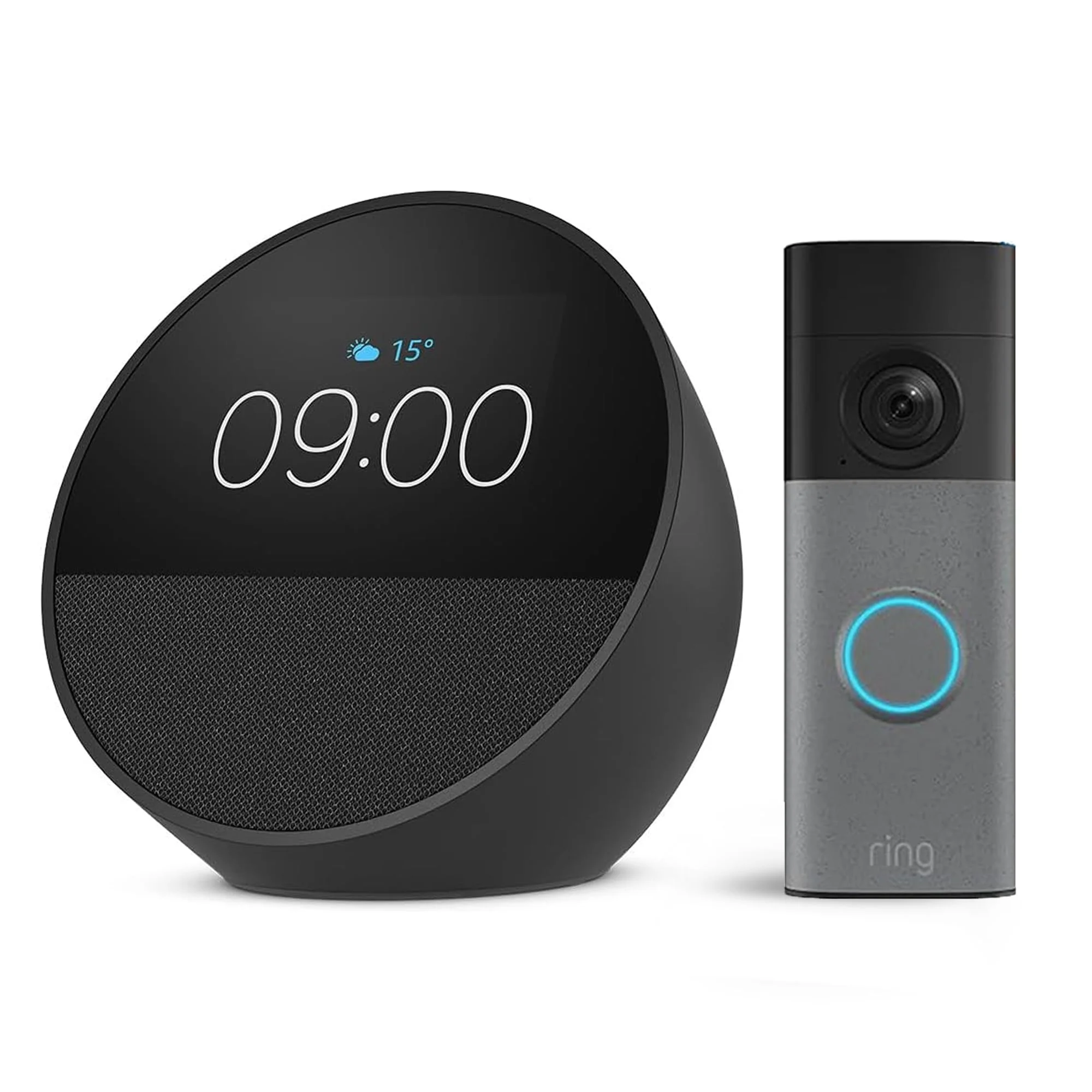 Amazon Echo Spot (neueste generation), Schwarz + Ring Akku-Videotürklingel (Battery Video Doorbell) (neueste Gen.), Gesprenkeltes Grau