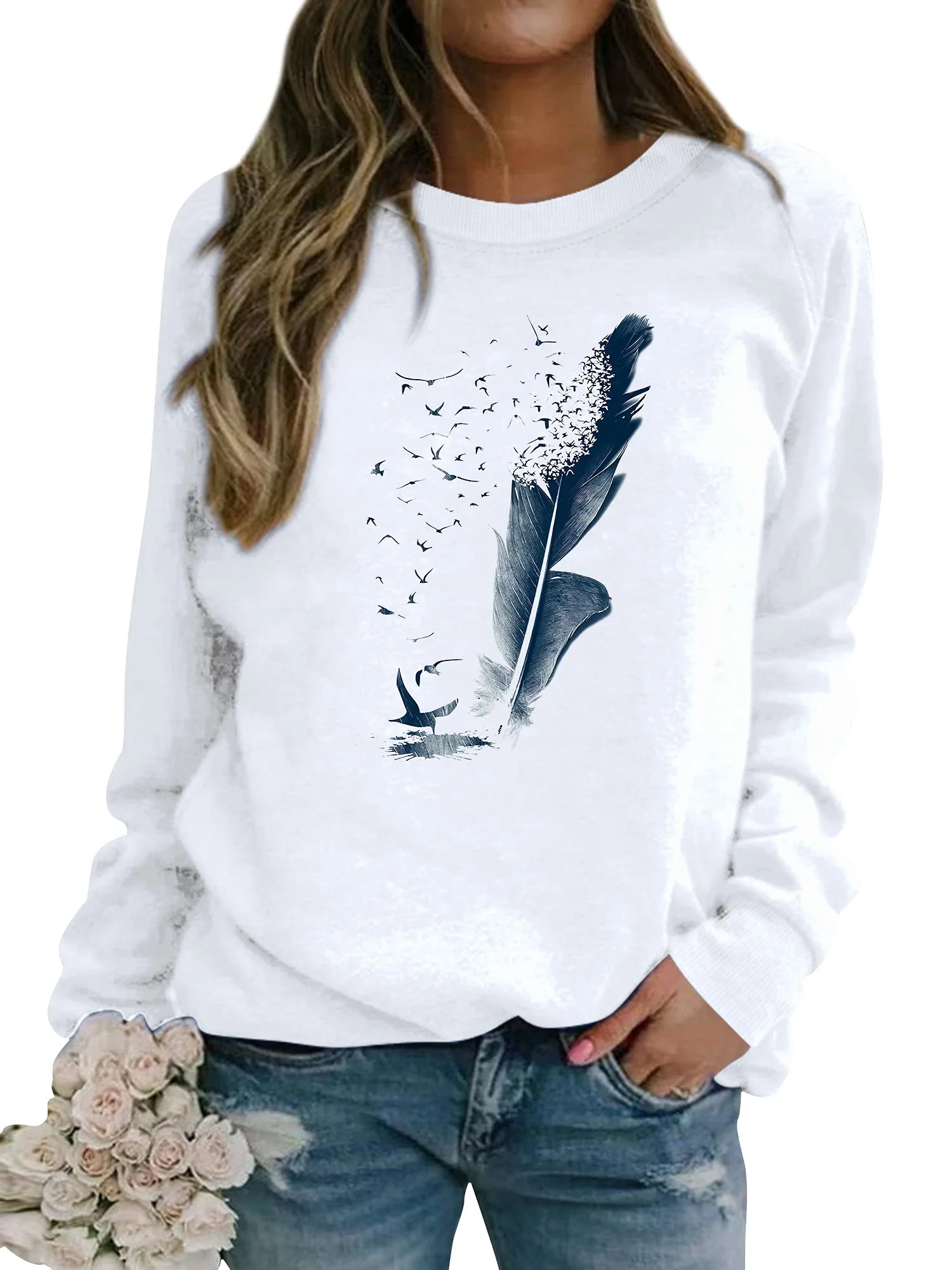 Dresswel Pullover Damen Feder Drucken Sweatshirt Langarmshirt Rundhals Langarm Shirts Herbst Winter Pulli Tops Oberteile Bluse