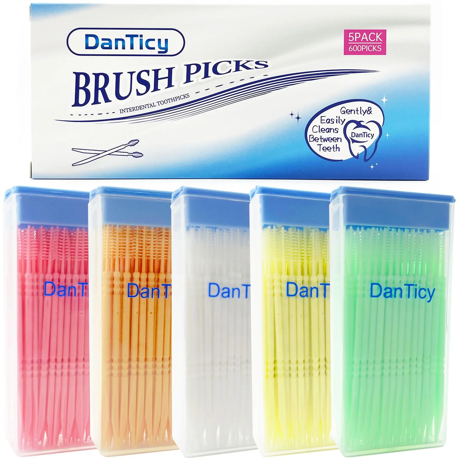 DanTicy Brushpicks Zahnstocher für die Zahnzwischenräume, weiche Borsten, Zahnstocher, hilft Plaque und Schmutz zwischen Ihren Zähnen zu entfernen, 600 Stück (5 Stück) gemischte Geschmacksrichtungen