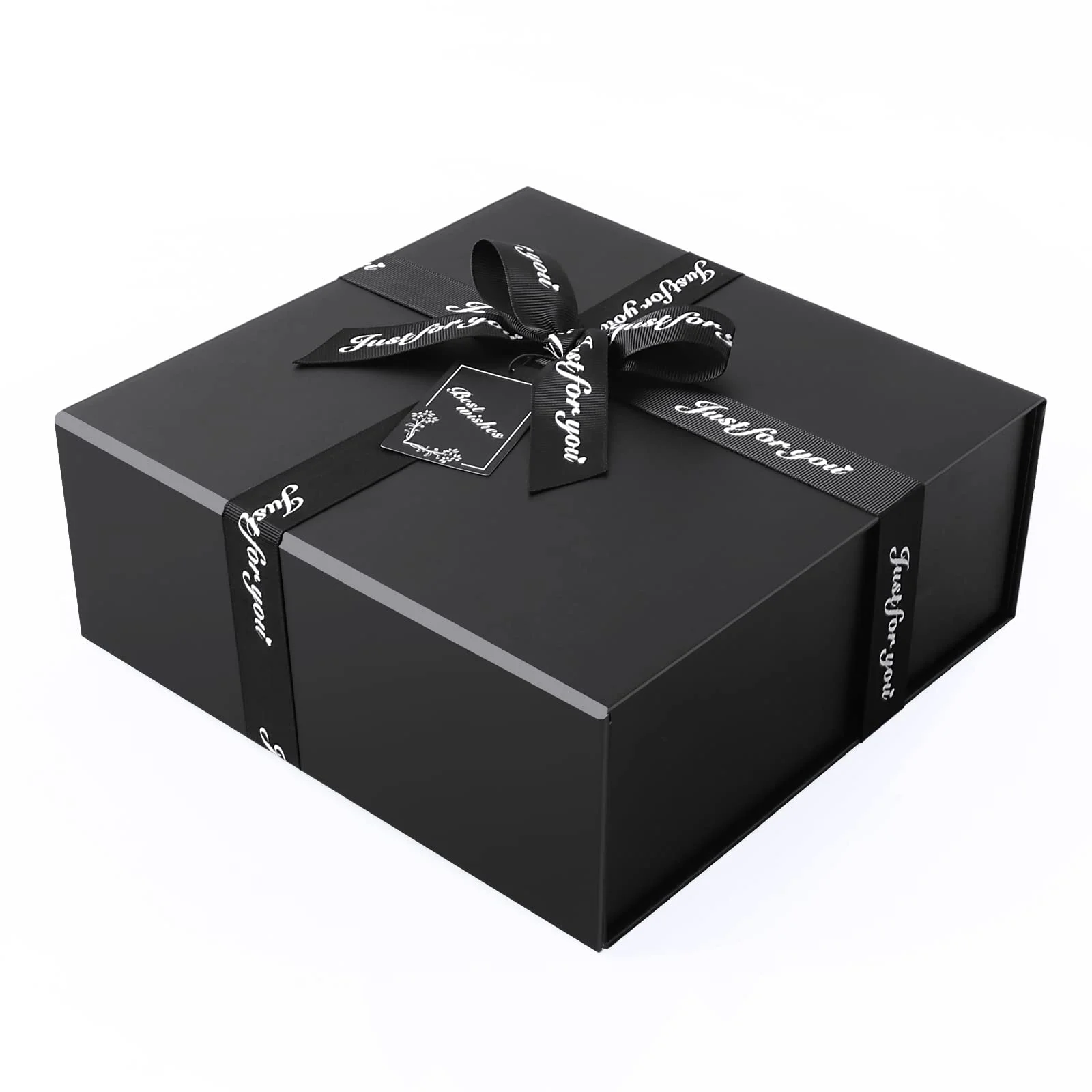 JiaWei Geschenkbox 33 x 31 x 11,5 cm Groß, Geschenkkarton mit Magnetisch Deckel & Kreuzförmige Schleife, mit Grußkarten & Seidenpapier - Schwarz (Stil-2)