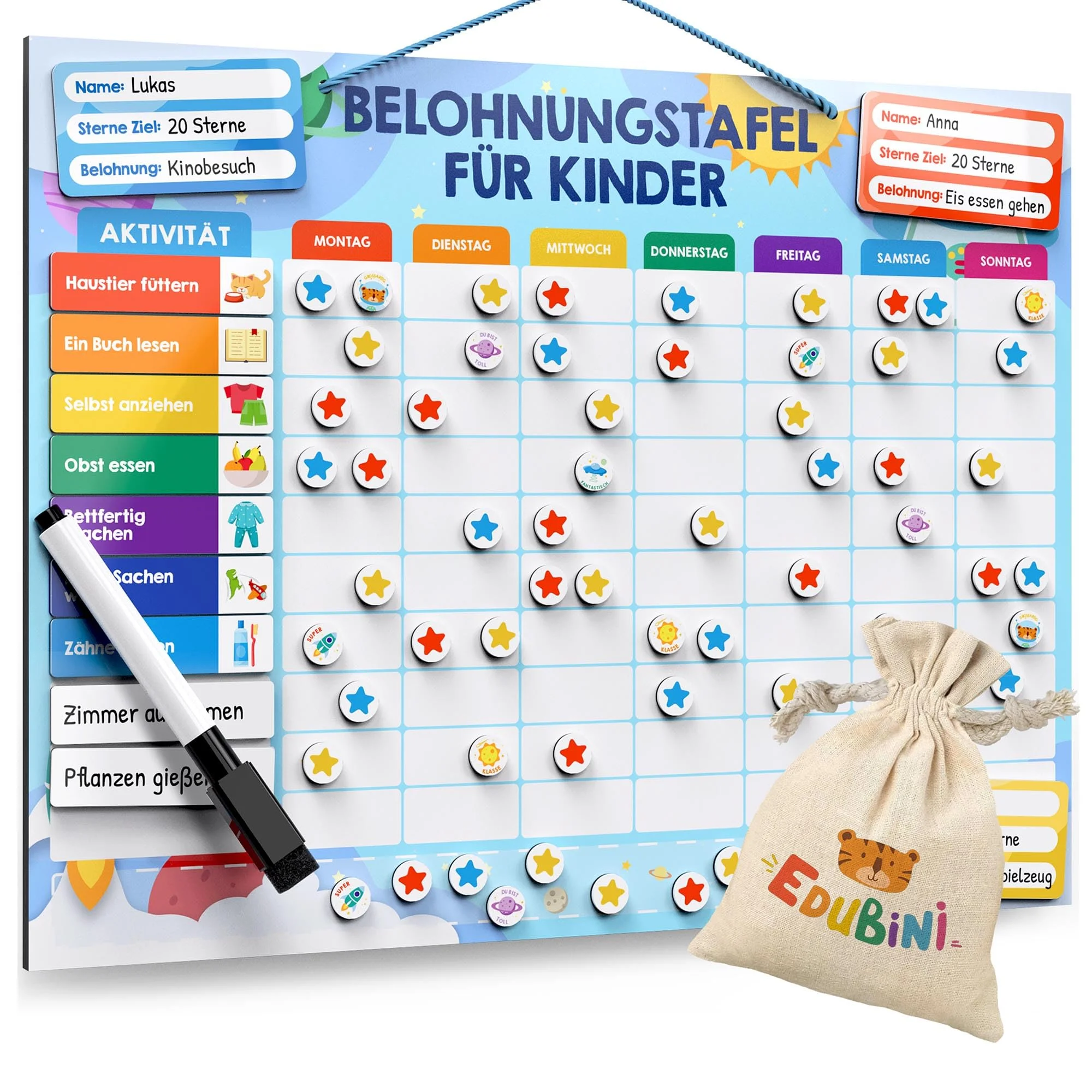 Edubini Belohnungstafel Kinder - [100 Aufgaben + 350 Magnete] - Belohnungssystem für Verantwortung - Family Plan, Montessori Magnettafel, Wochenplaner, Adhs Hilfsmittel - inkl. Tasche, Stift