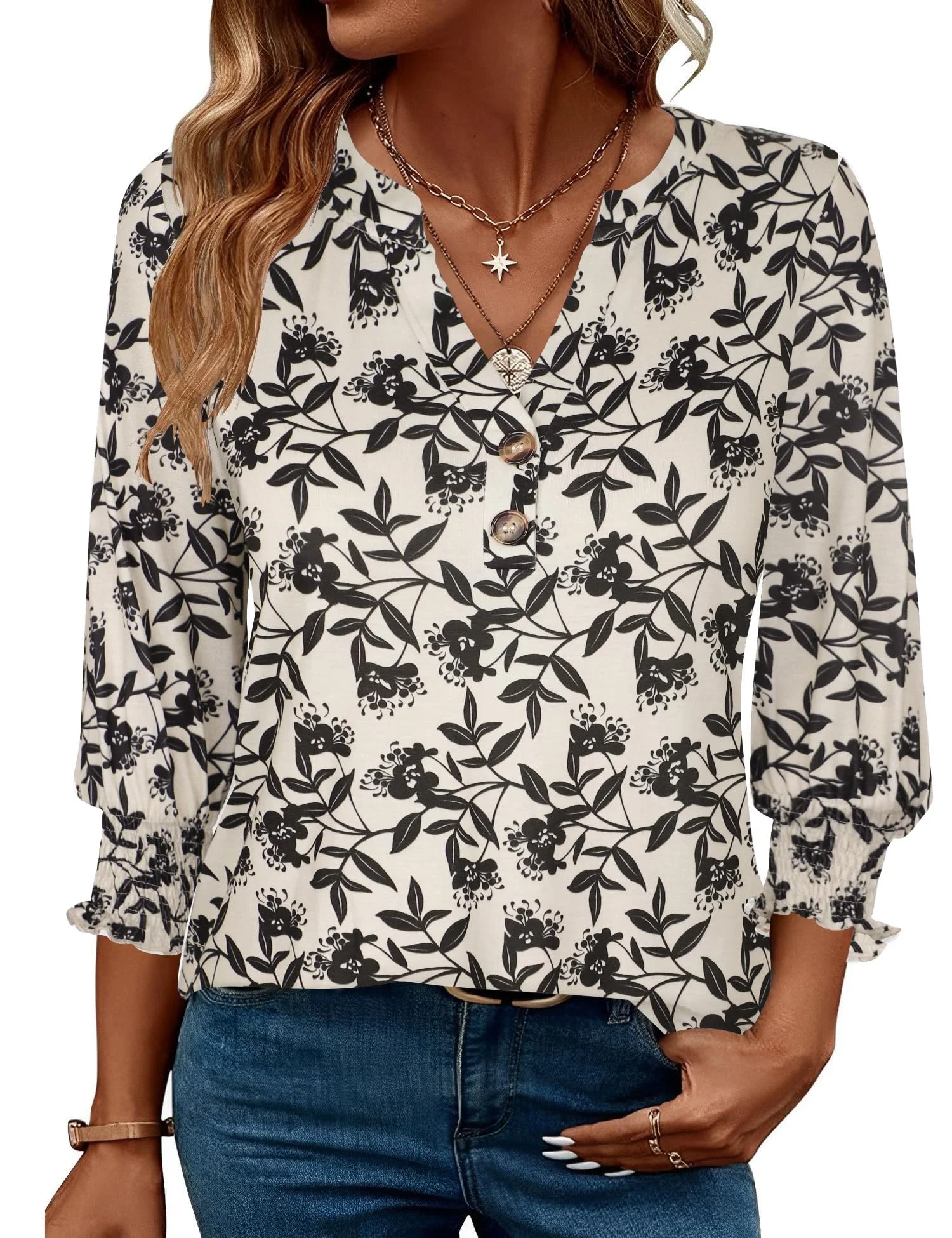 Enqoole Bluse Damen V Ausschnitt 3/4 Arm Tunika Elegant Langarmshirt Business Casual Oberteil Locker Shirt 2026