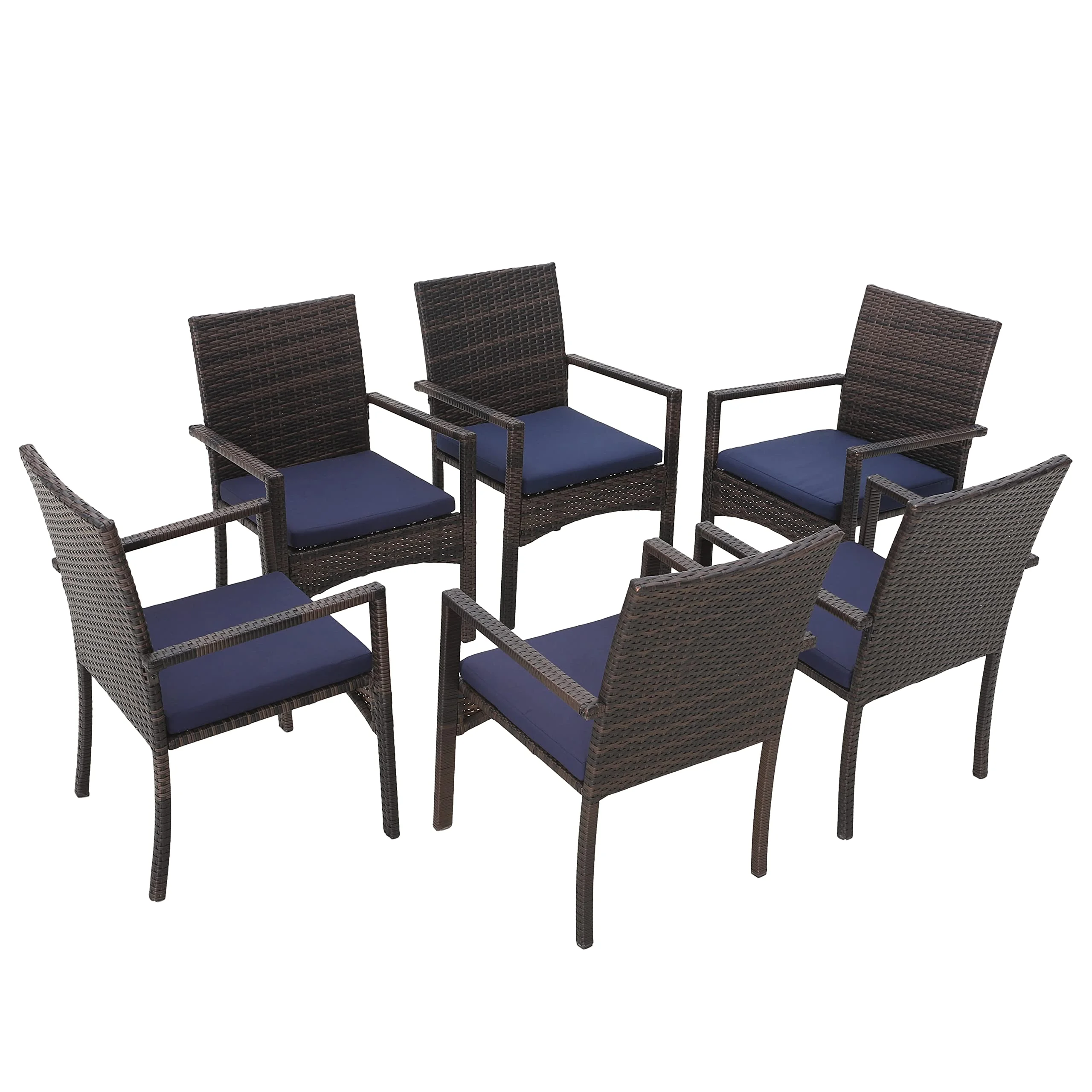 MFSTUDIO Gartenstühle 6er Set, Rattan Stühle Mit Armlehne, Outdoor Kissen Wetterfest, Garten Balkon Terrassen Möbel Set Sessel, Braun und Schwarz